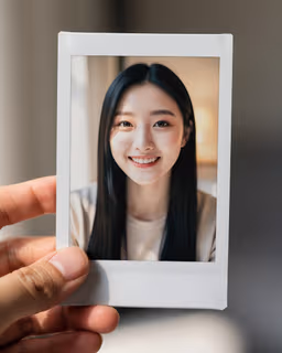 A photo of a polaroid picture in the hand of a woman that shows a beautiful smiling Korean woman