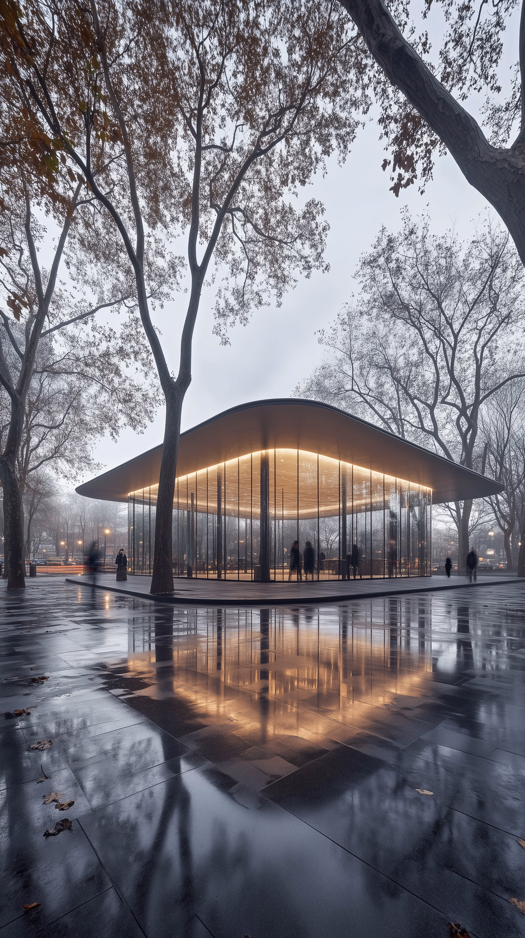 modern minimalist architecture, contemporary pavilion design, symmetrical curved structure, panoramic view, architectural photography, night scene, Canon EOS R5, f/2.8, long exposure, tripod mounted, illuminated curved glass pavilion, translucent curved glass walls, seamless glass panels, matte black steel frame roof, urban park setting, bare winter trees, wet reflective pavement, twilight atmosphere, misty dramatic evening, warm interior illumination, ambient city lights, condensation on glass surface, silhouettes of people moving inside, ultra-realistic, architectural visualization, 16K resolution, rich detail --ar 9:16 --style raw --personalize ue2yzjl --weird 14 --v 6.1