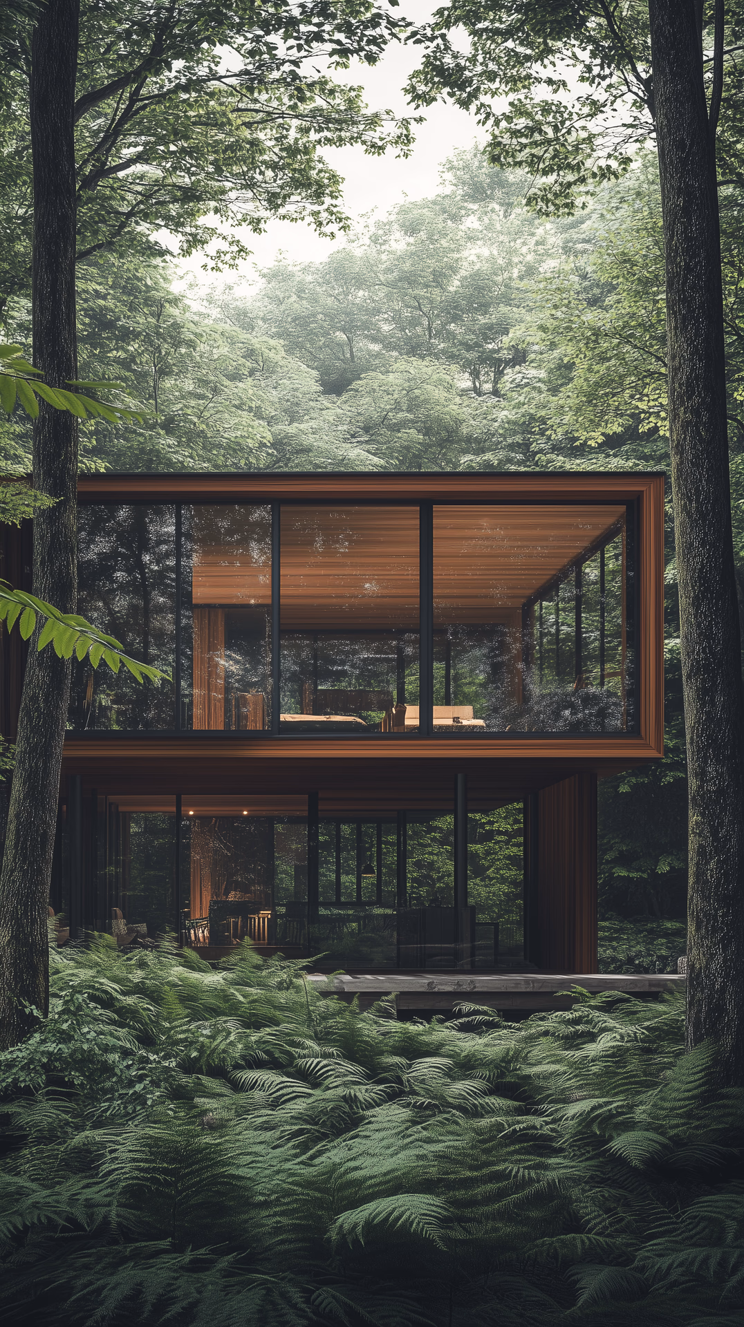 architectural photography, wide shot of a modern house embedded in a natural forest environment, high-definition photography, exterior view focusing on the structure and its interaction with the surrounding environment, modern house with large glass windows and wooden frame, structure appears suspended over a lush, green undergrowth, integrating seamlessly into the forest, dense forest with mature trees and a carpet of ferns, natural lighting with sunlight filtering through trees, highlighting the transparency and reflective surfaces of the house, detailed texture of the wood and glass, the organic spread of the greenery, enhanced clarity, focus on the harmony between man-made and natural elements, used camera is Sony α7R IV, paired with a Sony FE 24-70mm f/2.8 GM lens, set to an aperture of f/8 for optimal depth of field and sharpness, shutter speed of 1/125 to freeze the ambient light play, keeping ISO at 100 for the finest image quality, high resolution, UHD, rich detailing --ar 9:16 --v 6.1
