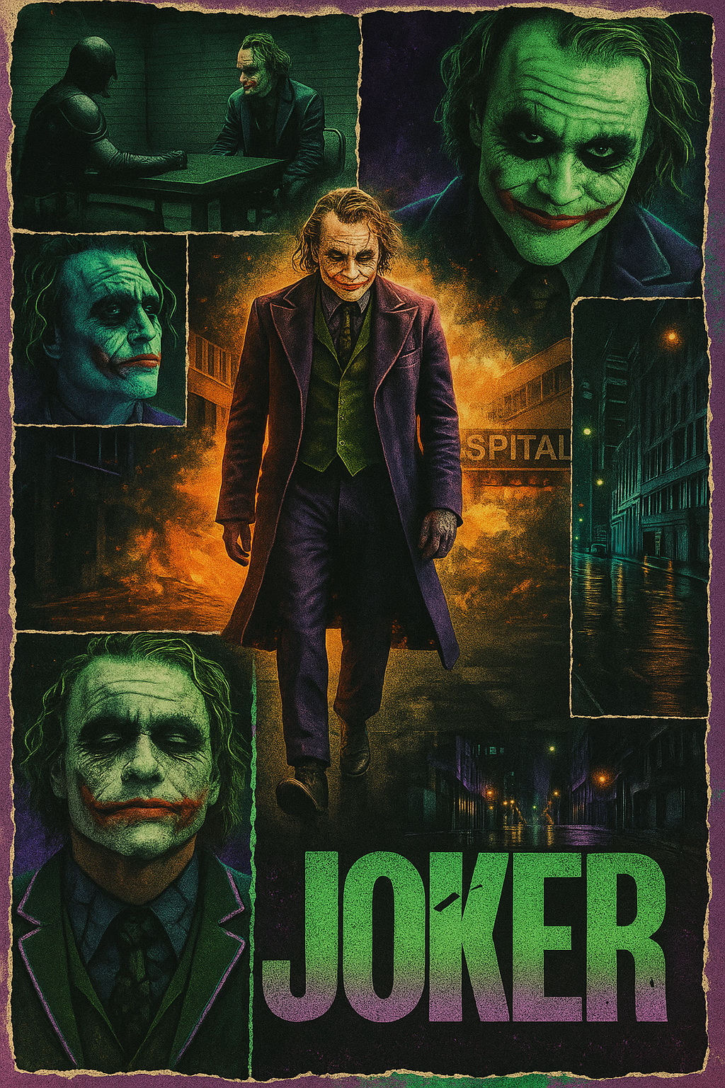A retro vintage collage design of Heath Ledger as the Joker. The central image shows him walking in his joker outfit with a twisted smile, in front of a hospital exploding. Surrounding this main scene are smaller images in collage style: the Joker sitting in the dark interrogation room with Batman, close-ups of his smeared makeup and chaotic smile, and shots of Gotham City’s gritty streets at night. The atmosphere should be dark and cinematic, with textures like torn paper, halftone dots, and grainy vintage poster effects. Neon accents of purple and green glow throughout the collage, symbolizing chaos and madness. The overall style is nostalgic 80s/90s poster art, bold, layered, and chaotic but balanced, like an underground street collage.