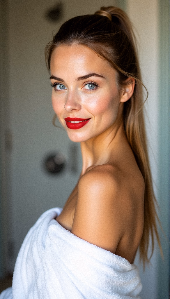 A portrait of a young woman with light brown hair in a high ponytail, smiling softly with blue eyes and red lipstick. She wears a white towel draped over her shoulders, with glowing skin and natural lighting. The background is softly blurred, creating a serene and intimate atmosphere