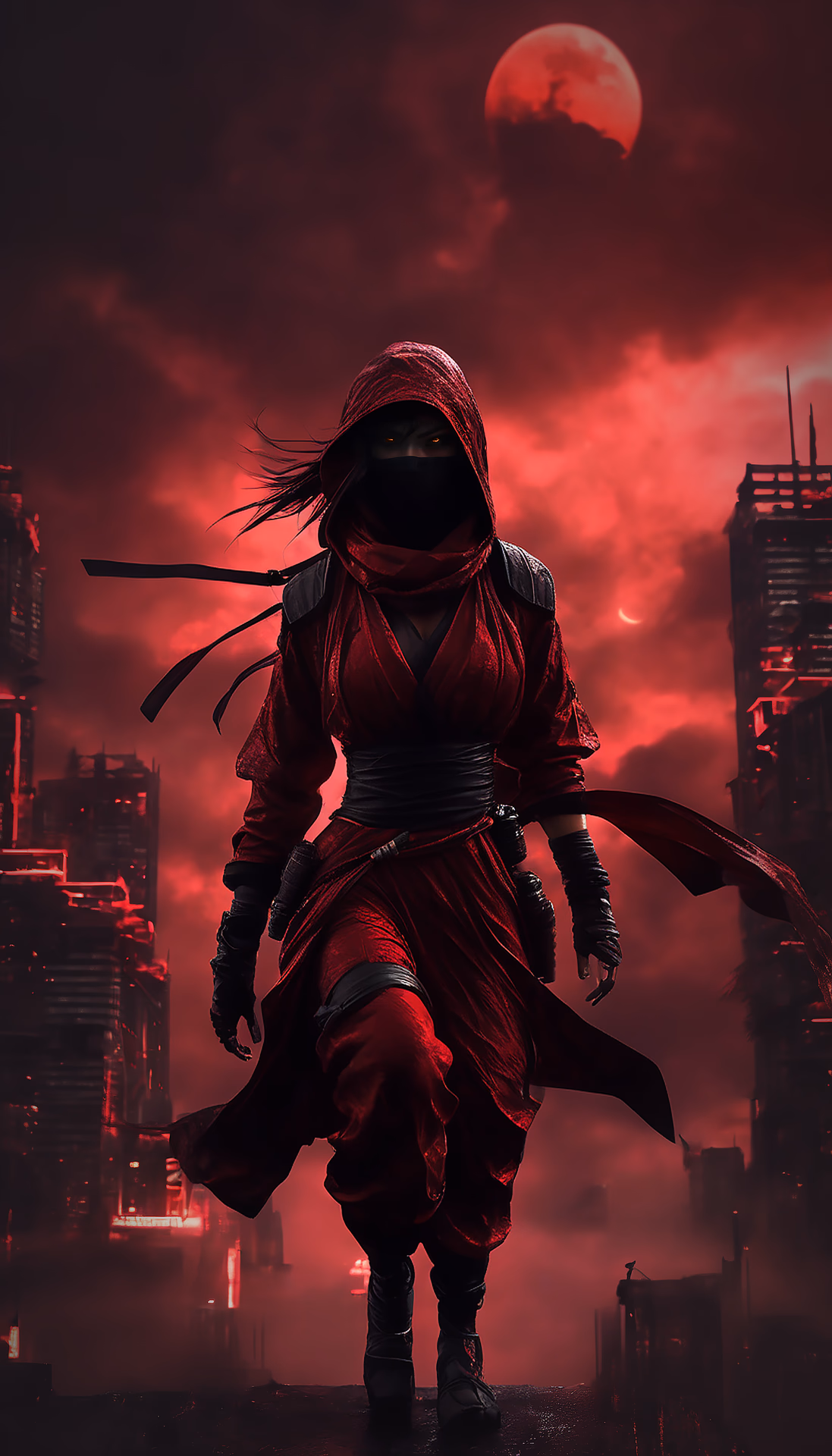a female assassin ninja in red and black ninja outfit, at night, black and red buildings , dark foggy sky, cyberpunk, fluorescent light, dynamic color palettes, red sky, red clouds, red moon, ominous weather, raining, anime inspired, hybrid art, (hyperrealism:0. 5)