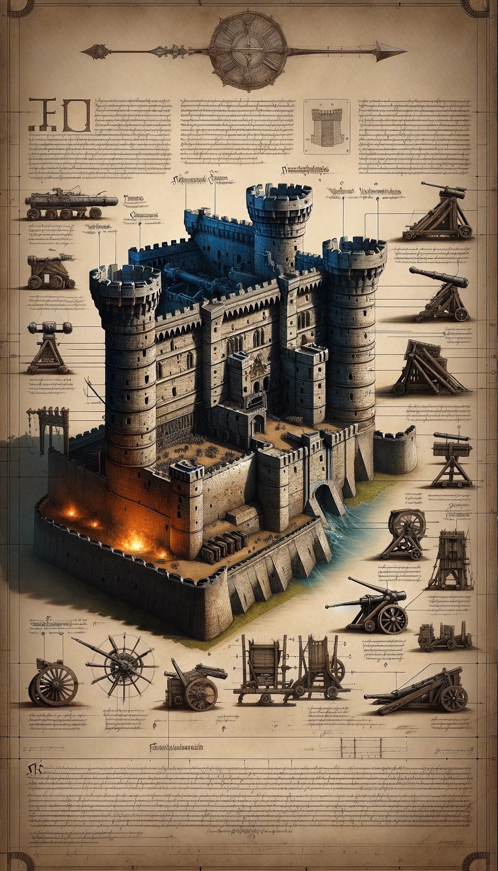 A detailed digital manuscript of a medieval castle's architecture, with a focus on its defensive structures, including siege machinery. The castle is formidable with high stone walls, fortified gates, and multiple archer towers. The blueprint showcases cross-sections of the walls revealing their thickness and construction, with battlements for archers. Siege engines like catapults, ballistae, and trebuchets are strategically positioned along the walls. The central keep is robust, with a great hall and a lookout tower. Surrounding the castle is a moat with a drawbridge. Annotations describe the functionality of each defense mechanism, the materials used, and historical context. The image is set against a parchment-style background, with a technical and historical drawing aesthetic, including notes in an old script font. The lighting is from torches and braziers, casting dramatic shadows and emphasizing the strength of the fortifications.