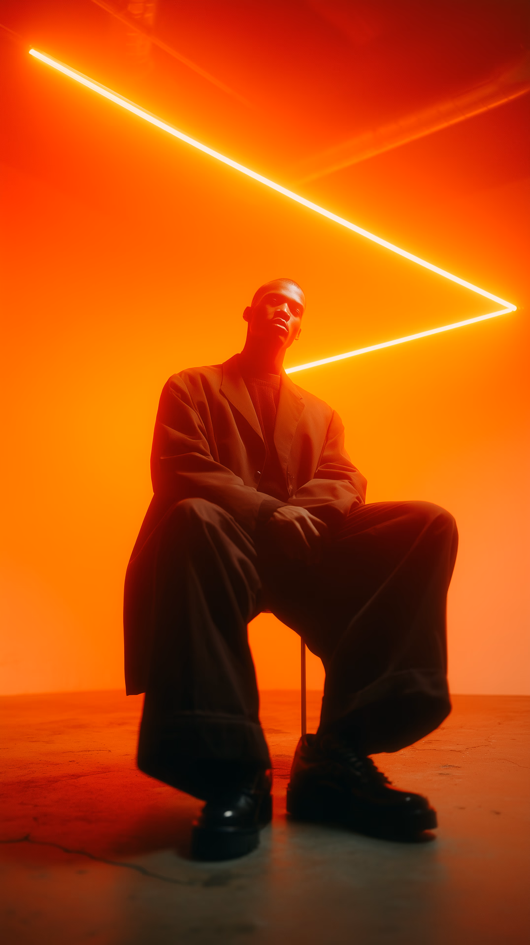 editorial photography, male model, 50mm f/1.2 RF lens, f/2.8 set, 1/160s, iso 100, gradient neon orange, minimalist street style, deep orange atmospheric lighting, lights at ceiling, overhead softbox at 3200K, full-body confidence pose with silhouette, dramatic contrast, photorealistic quality, rich detailing --ar 9:16 --raw --profile otwluoo --stylize 200