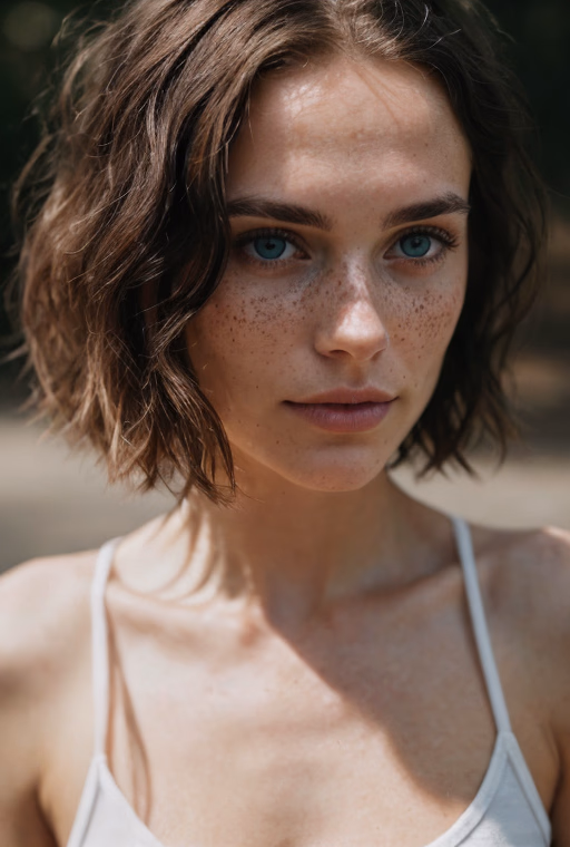 detailed and realistic (upper body portrait:1.2) of a woman with a few (freckles:0.8) BREAK round eyes and short messy hair BREAK shot outside, wearing a white t shirt, staring at camera, chapped lips BREAK soft natural lighting, portrait photography, magical photography, dramatic lighting, photo realism, ultra-detailed, intimate portrait composition, Leica 50mm, f1. 4