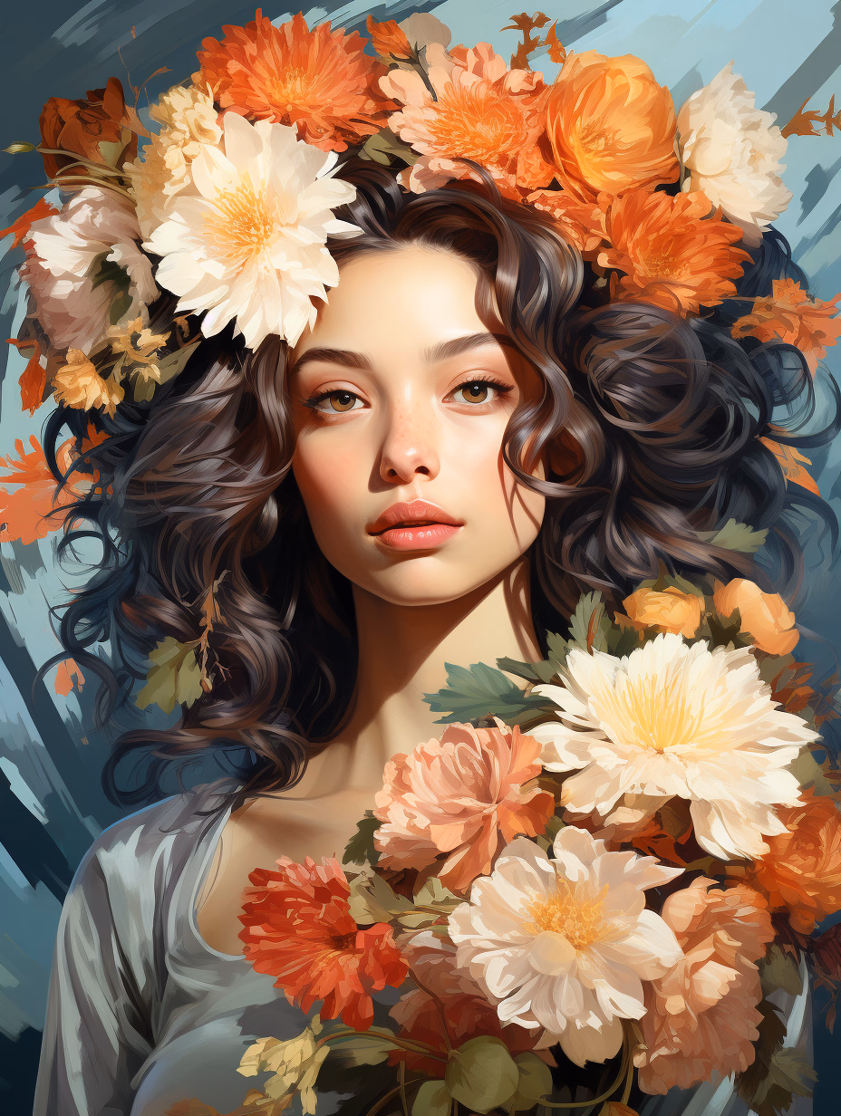commercial illustration of a woman dressed in flowers with flowers in her hair, in the style of artgerm, vibrant palette knife, franciszek starowieyski, michael malm, captures the essence of nature, sun-kissed palettes, illustration --ar 58:77 --s 750 --style raw 
