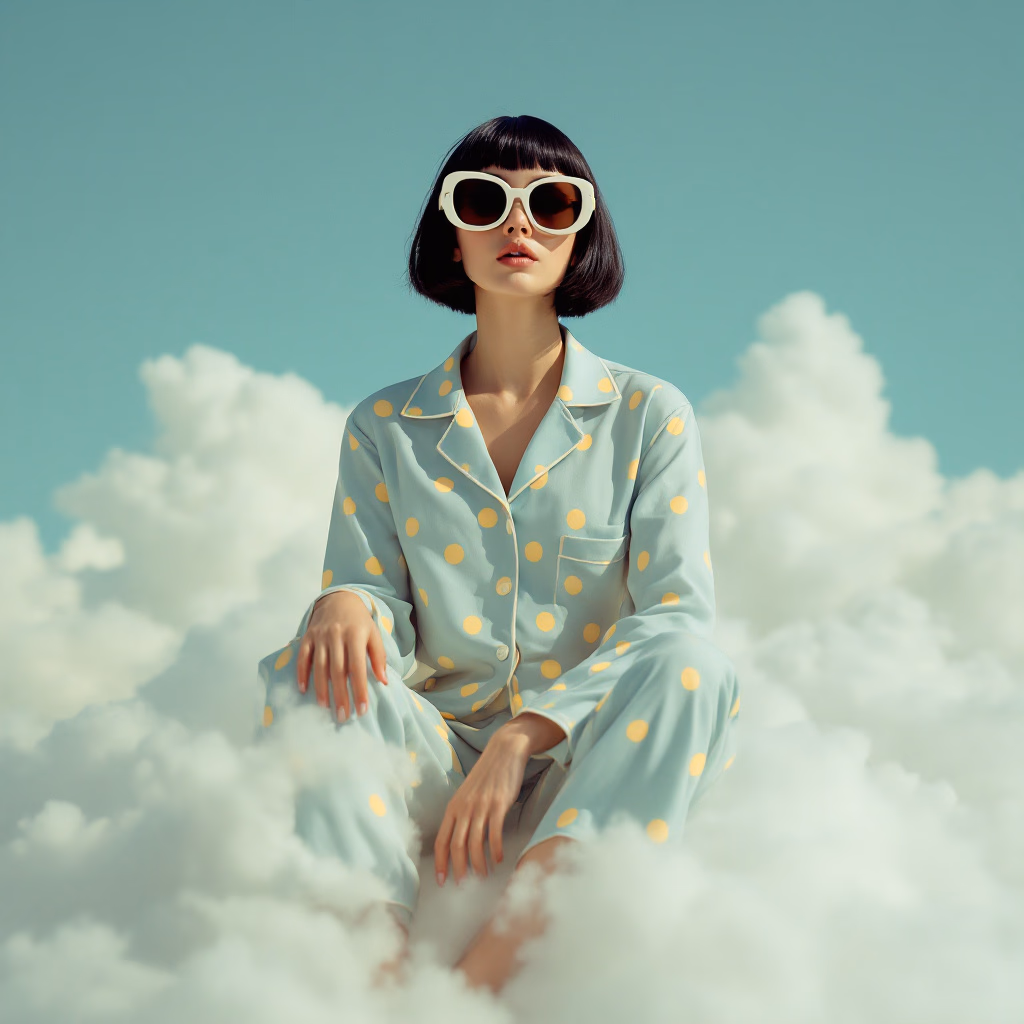 A photo of an eccentric woman sitting on top of white fluffy clouds wearing big sunglasses and light blue pajamas with yellow polka dots, she has short dark hair in a bob cut, the background is babyblue sky with white cloud formations, shot by Jimmy Marble, muted earthy colors, soft tones