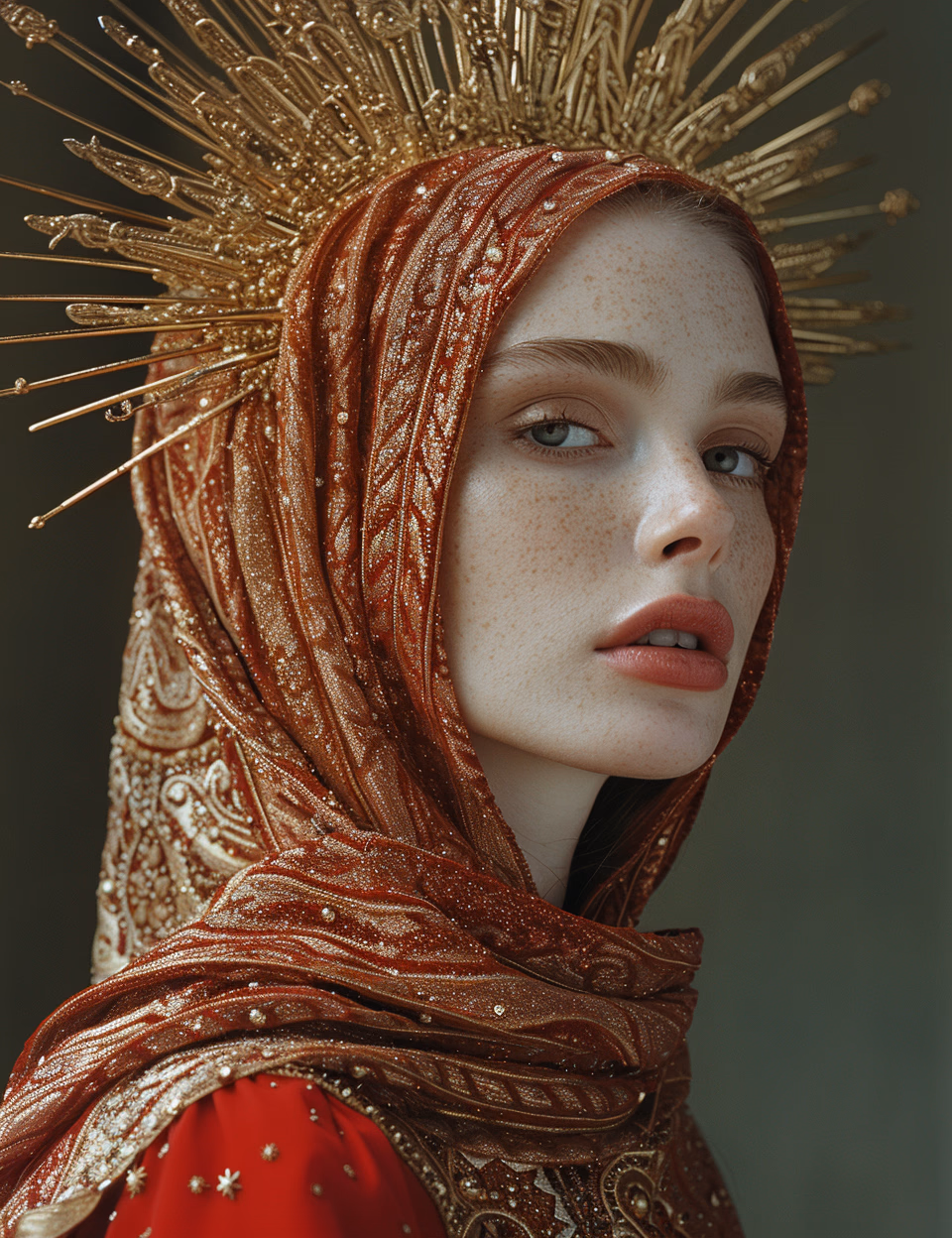 lady in red veils her face and has a large golden spiked crown, in the style of celestial fasion, otherworldly beauty, davide sorrenti, celestialpunk, album covers, fra angelico, aykut aydogdu, queencore, golden age aesthetics --s 750 --v 6.0 --ar 10:13