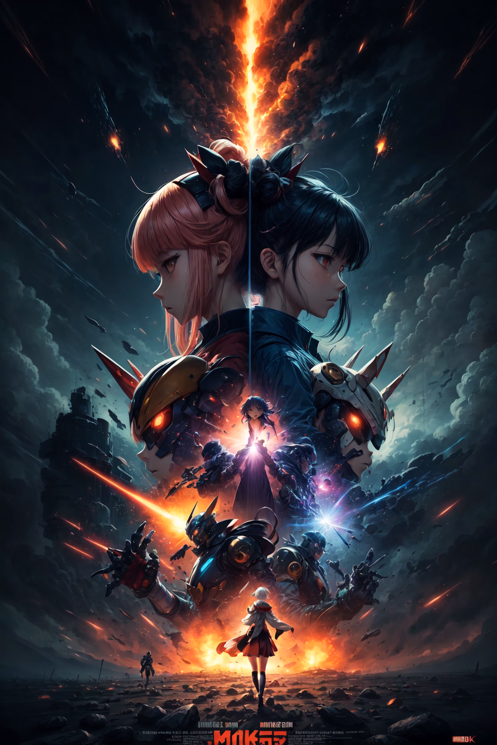 incredibly powerful Anime Girl, created by Hideaki Anno and Katsuhiro Otomo and Rumiko Takahashi, Movie poster style, box office hit, a masterpiece of storytelling, main character center focus, monsters and mech creatures locked in combat, nuclear explosions paint the sky, highly detailed 8k, <lora:add_detail:1>