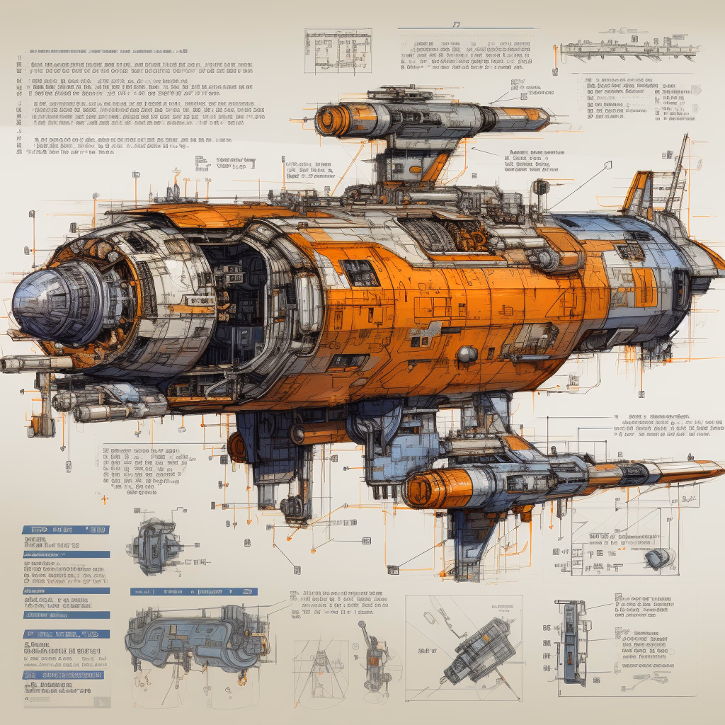 sketches blueprint of futuristic sci-fi huge spacecraft, warp engines, formulas and annotations, schematic by parts, golden ratio, fake detail, trending pixiv fanbox, acrylic palette knife, style of makoto shinkai studio ghibli genshin impact james gilleard greg rutkowski chiho aoshima
