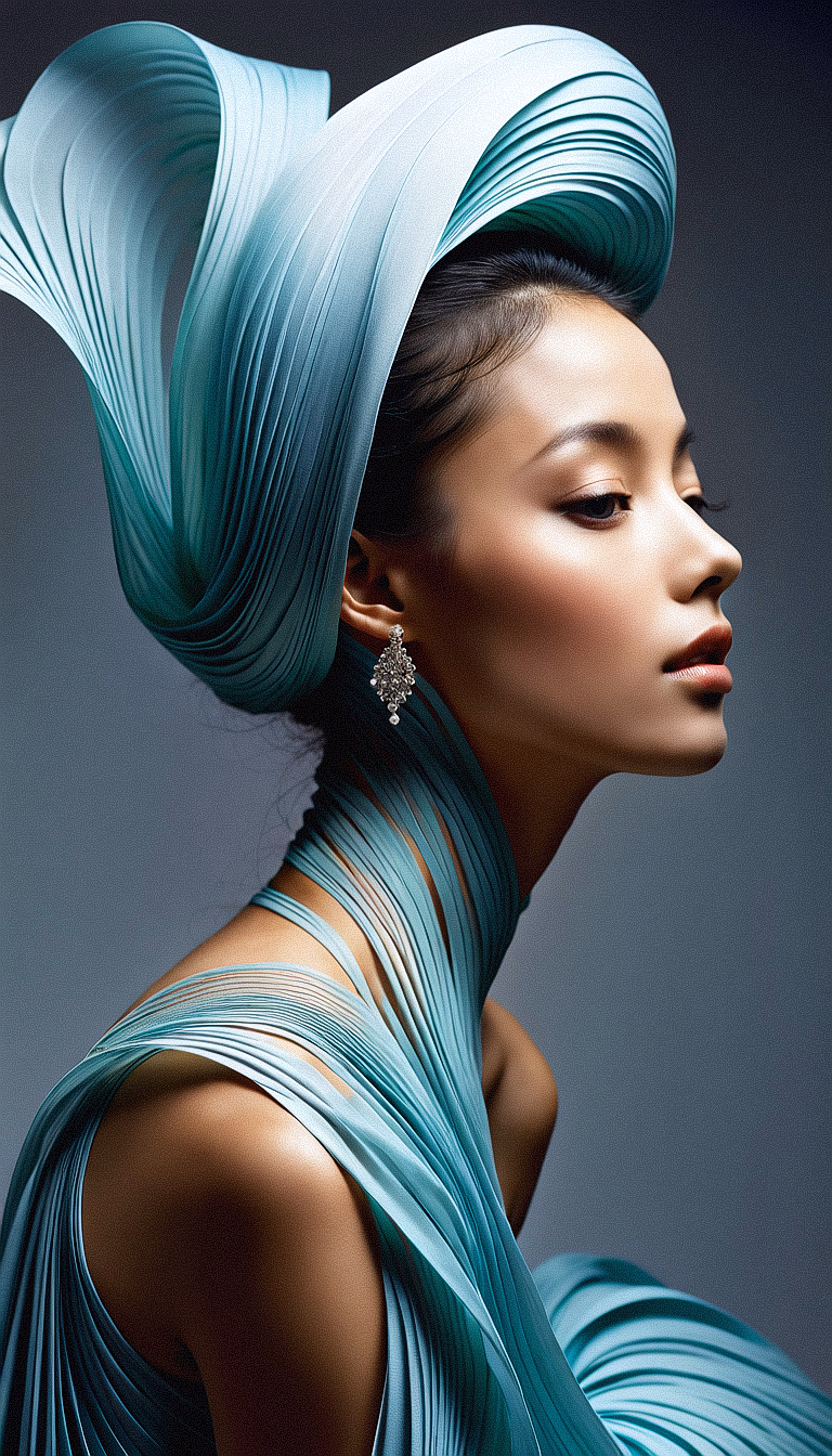  an image of a person with a flowing, sculptural hairstyle and garment that echo the movement of water. The hair and attire should be crafted with smooth, swirling patterns that extend and blend into each other, in a seamless and organic fashion. The color scheme should be a gradient of turquoise to aquamarine, set against a neutral gray background to emphasize the subject. The subject's pose should be elegant and poised, with a profile view showcasing refined features and a calm, contemplative expression. Add a detailed, ornate earring to the subject to bring an additional element of sophistication. The lighting should cast soft shadows to define the swirling forms, creating a luxurious and modern aesthetic."