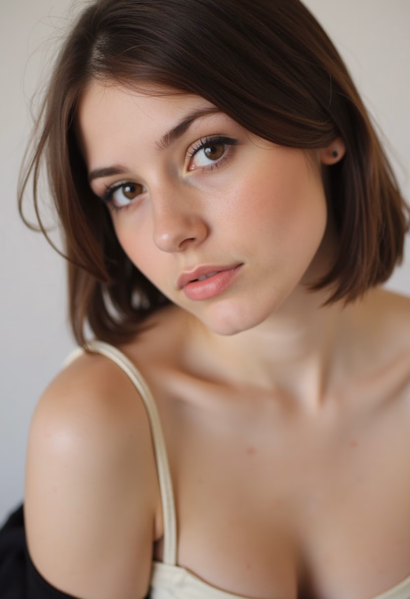 The photograph features a young woman with short brown hair and fair skin. She is looking directly at the camera, her expression neutral yet engaging. Her eyes are a light shade of brown, and she has a small nose and full lips. The lighting on her face is soft and even, suggesting a diffused light source such as a large umbrella or softbox. The woman's attire consists of a black top with a very low neckline and thin straps that reveal part of her shoulders and chest. Her posture is relaxed yet poised. The background is plain and nondescript, allowing the viewer to focus solely on the subject.