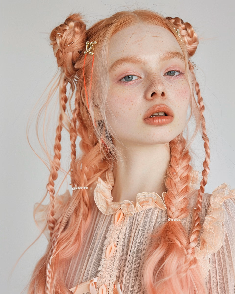 Vogue Runway Model with long Pigtails in the style of candycore hair, pale skin and light pink lips --v 6.0 --ar 4:5