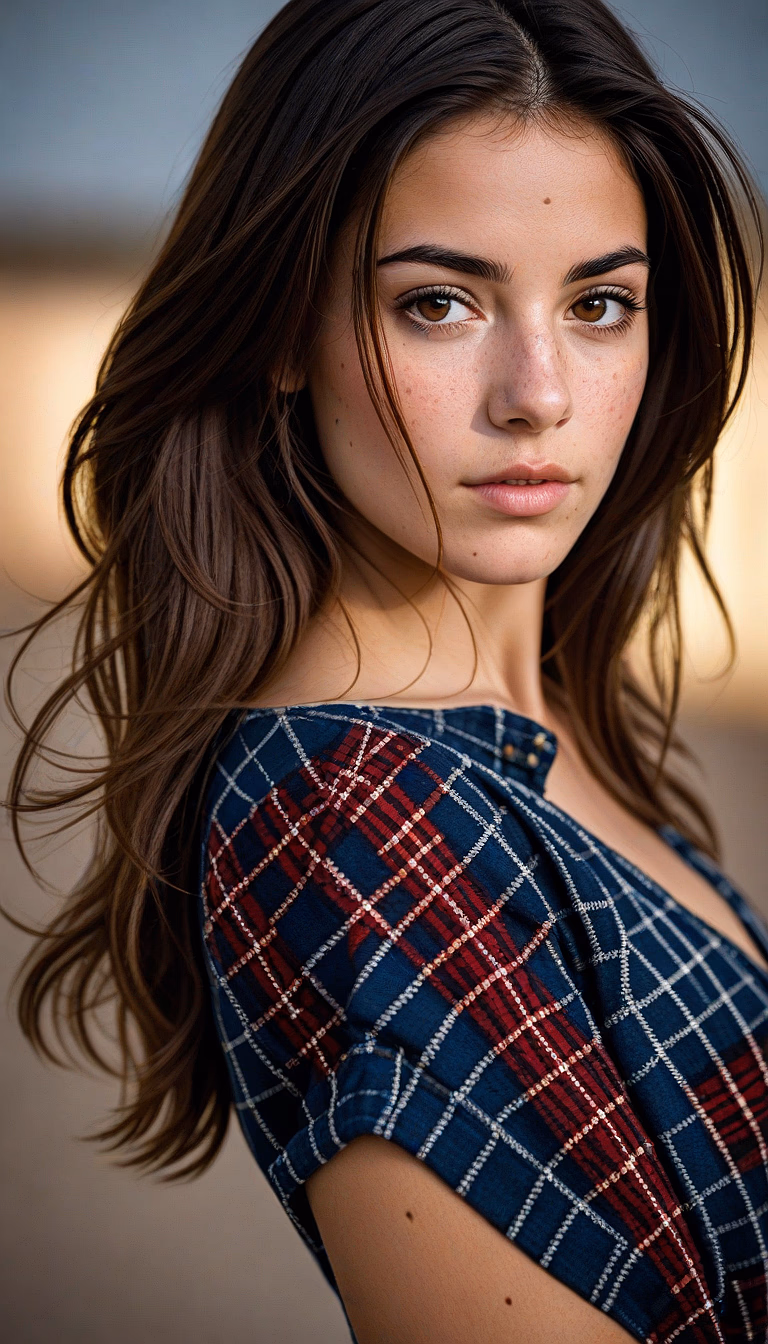 An image of a woman standing straight on, head turned slightly to her left, looking directly into the camera with a confident yet curious expression. She has dark brown, wavy hair and fair skin with noticeable freckles. Her eyes are amber brown with a warm light reflecting in them. She wears a tartan plaid garment in navy blue and red with white lines, and the neckline is slightly off her right shoulder. The setting is brightly lit with natural light.