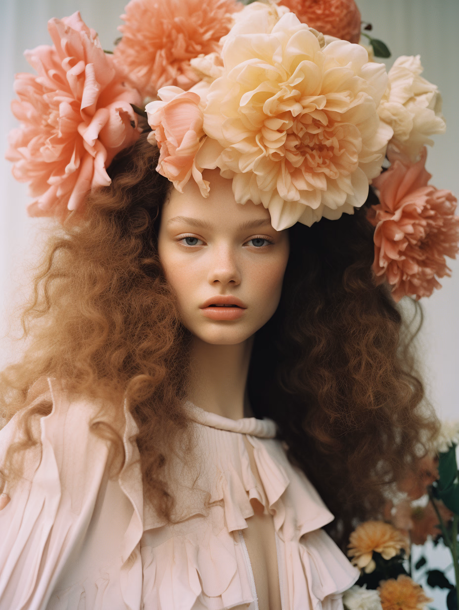 disposable photography of beautiful fashion model, wearing huge flower hairband, 8k, photo realism, --ar 3:4