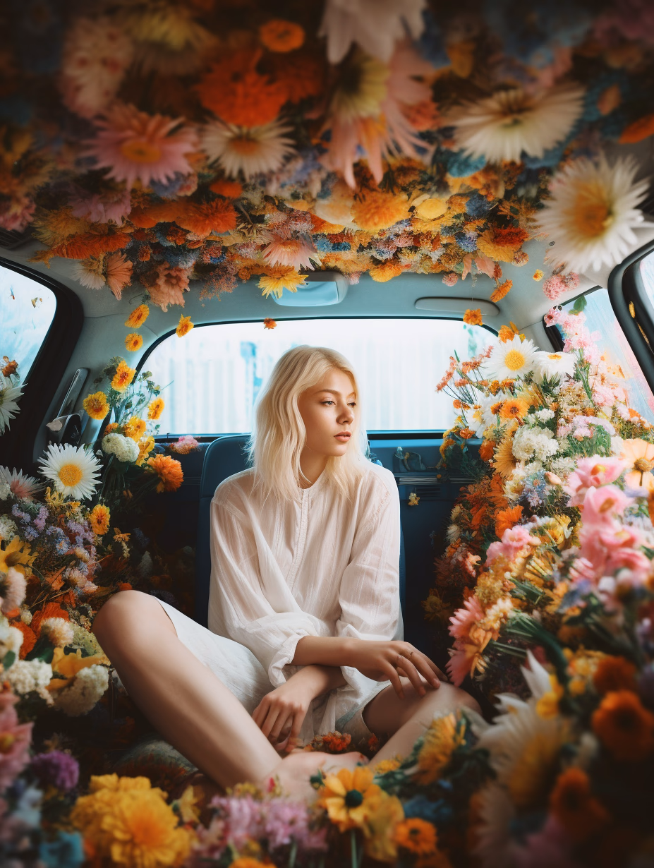 a girl with white hair sitting in car filled withflowers, art by Rinko Kawauchi, in the style ofnaturalistic poses, vacation dadcore, youthfulenergy, a coolexpression, body extensions, flowersin the sky, analog film, super detail, dreamy lofiphotography, colourful, covered in flowers andvines, Inside view, shot on fujifilm XT4 --q 2 --v 5 --ar 3:4 