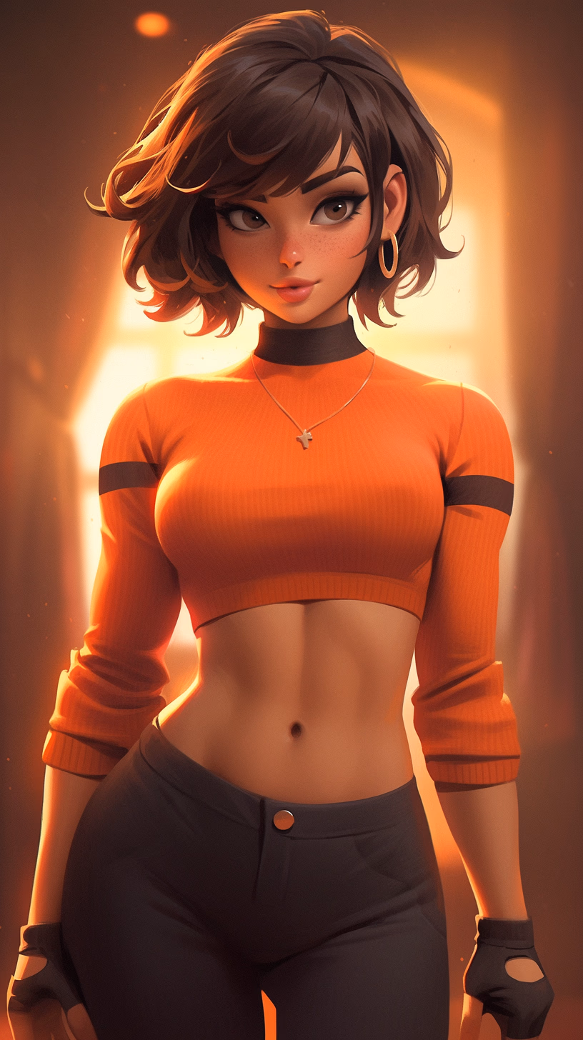 velma from scooby-doo, beautiful charismatic girl, showing piercing, athletic body, a woman an orange top, gorgeous figure, interesting shapes, full body shot, goth style, dark eye, in the style of jessica drossin, life-size figures, --ar 51:91 --s 1000