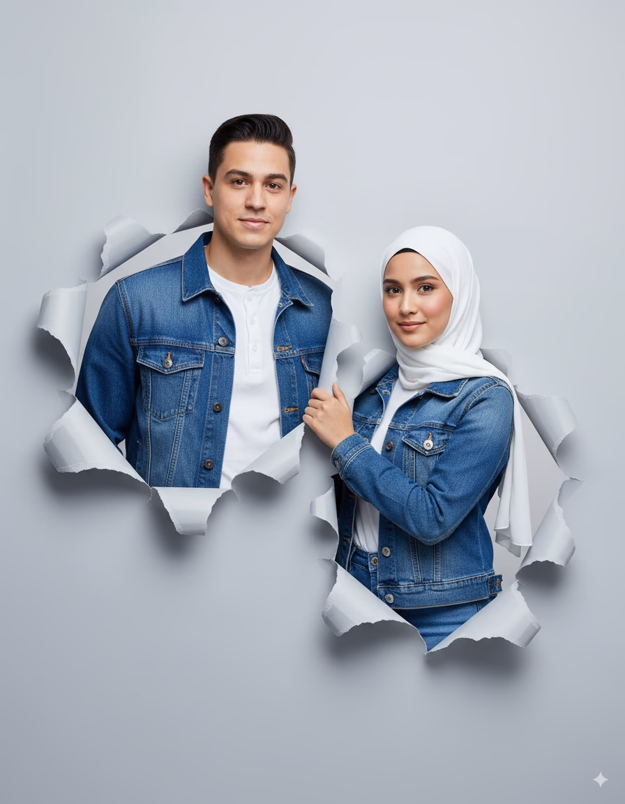 Two Moroccan couple portraits, half-body view, emerging from realistic torn paper holes on a light gray background with detailed 3D torn paper edges. Man (170 cm, 60 kg) with slim oval face, fair brown skin, short neat right-parted black hair, wearing white casual shirt, denim jacket, and jeans. Woman (168 cm, 50 kg) with slim oval face, fair brown skin, wearing white hijab, white shirt, denim jacket, and jeans. The woman stands slightly angled, wrapping one arm gently around the man’s shoulder, both facing the camera with soft closed-lip smiles. Vertical 9:16 aspect ratio, high detail, realistic lighting, modern casual style. Note: use facial description from the uploaded picture."
