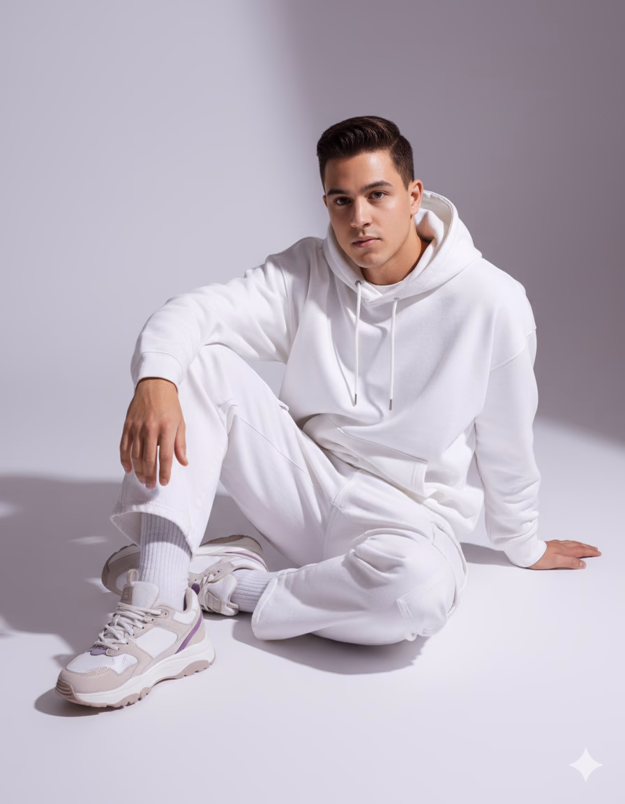 Oversized white sweatshirt, white purple oversized combat jean, styled with footwear: white purple neutral or nike sneakers and white ribbed socks.
Environment: muted white purple-toned studio background.
Lighting: soft cinematic glow highlighting skin and fabric textures.
Style: fashion editorial x futuristic.
Composition: model seated elegantly with relaxed posture. In floor keep my face and body hair style 100% same as in reference Images.