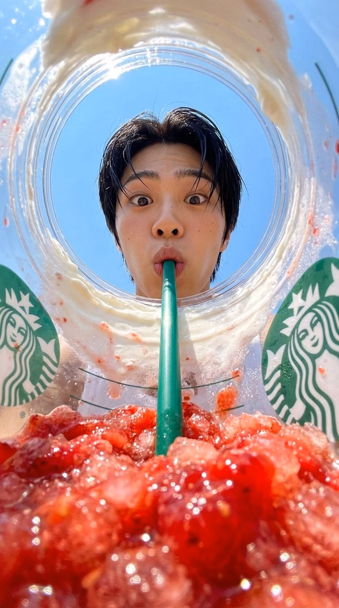 {
  "prompt": "View from inside a Starbucks strawberry frappuccino cup looking up, fisheye lens extreme distortion, worm's eye perspective, crushed strawberry ice macro foreground with glistening bokeh highlights, one single continuous green straw passing through the entire frame from top to bottom connecting lips to ice, person peering down from above through cup opening with wide-eyed excited expression lips pursed on straw top, whipped cream layer, Starbucks logo visible on cup wall, clear blue sky background through opening, high saturation red strawberry vs green straw complementary colors, bright summer daylight, hyper-realistic commercial photography",
  "negative_prompt": "two straws, double straw, multiple straws, broken straw, separated straw, disconnected straw, flat lay, normal perspective, dull colors, deformed face, low saturation, ugly, extra limbs, woman, girl, female",
  "character_reference": {
    "upload": true,
    "control_weight": 0.95,
    "description": "maintain face and identity from reference image, male person, front-facing, slightly downward gaze, wide-eyed excited expression, lips pursed on straw"
  },
  "parameters": {
    "aspect_ratio": "9:16",
    "style_strength": 0.9,
    "composition_reference": "inside-cup fisheye upward shot, face centered in cup opening, single straw runs continuously from person lips down through whipped cream into crushed ice"
  }
}