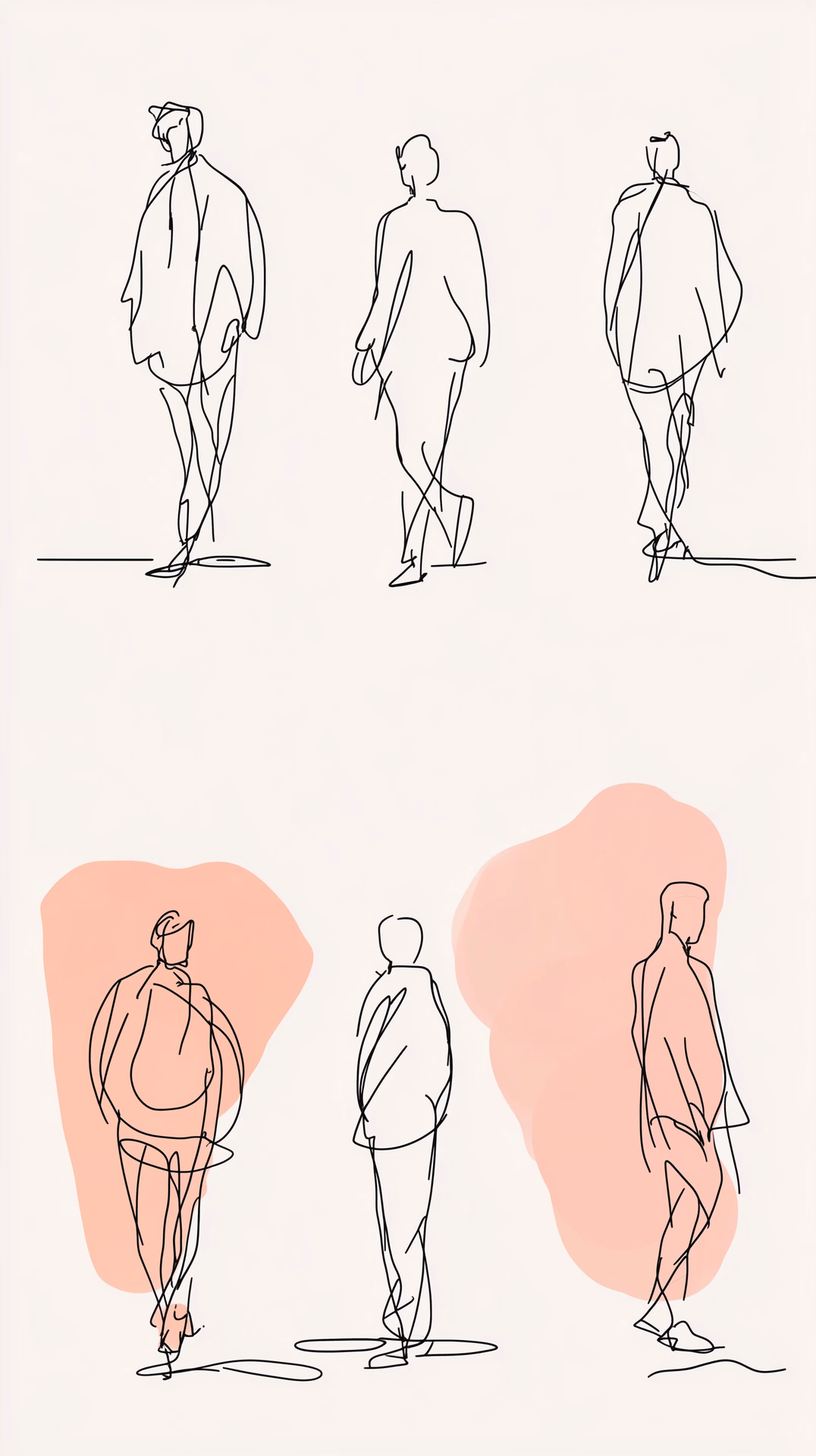 minimalist line drawing, 6 spread sheet, simple human figures silhouettes, architectural sketches, used coral color, continuous single line drawing, clean minimal style, architectural scale figures, technical drawing style --ar 9:16 --style raw --v 6.1