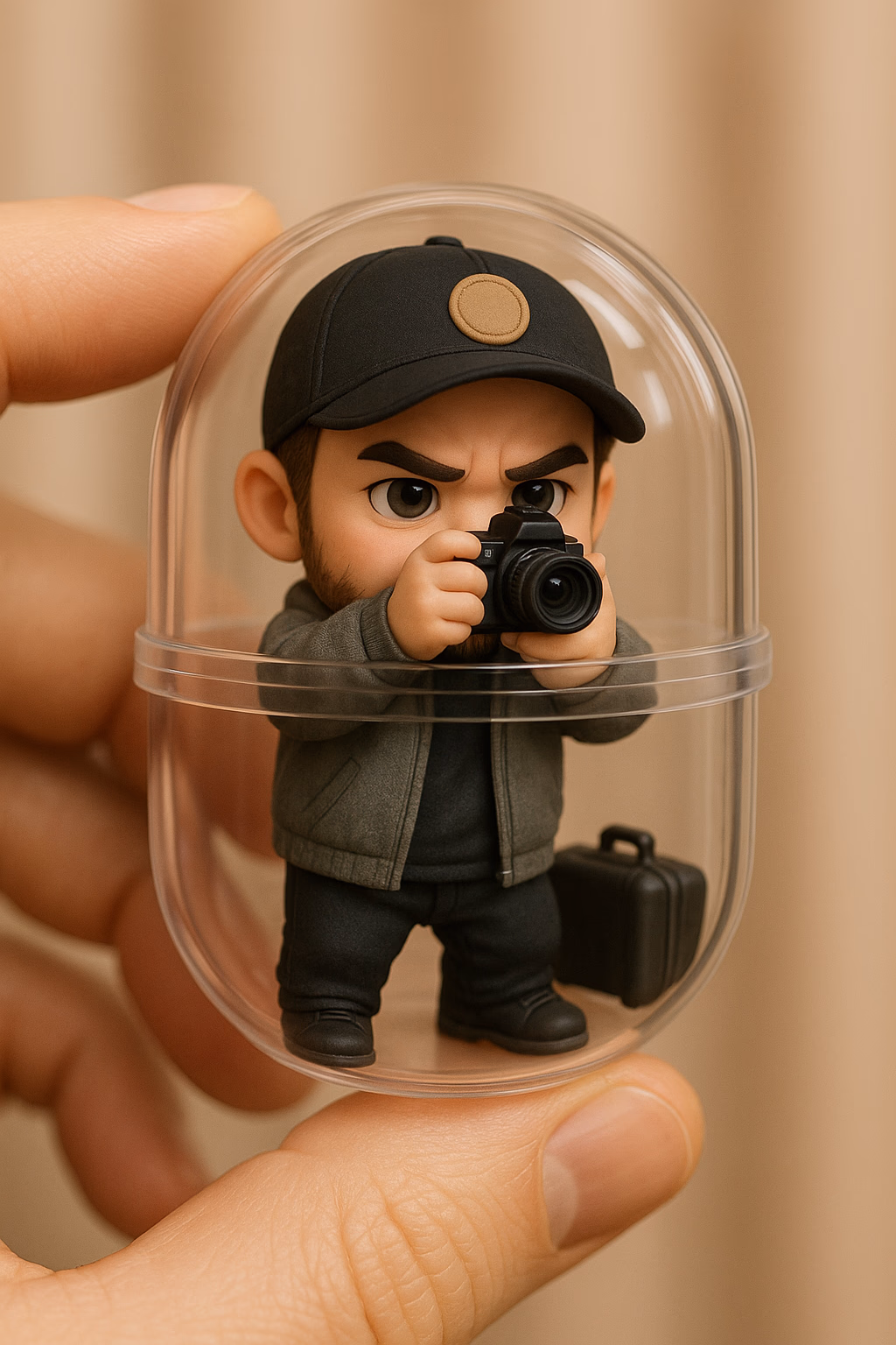 {
  "subject": {
    "type": "chibi figurine",
    "gender": "male",
    "expression": "focused",
    "pose": "holding a camera to face",
    "accessories": ["black cap with tan patch", "mini DSLR camera", "tiny suitcase"],
    "outfit": {
      "top": "gray jacket",
      "bottom": "black pants",
      "footwear": "black boots"
    }
  },
  "container": {
    "type": "transparent capsule",
    "scale": "held between fingers"
  },
  "style": {
    "aesthetic": "hyper-detailed, toy-like, stylized",
    "proportions": "chibi",
    "facial features": "exaggerated"
  },
  "camera": {
    "depth_of_field": "shallow",
    "focus": "sharp on figurine",
    "background": "soft blur",
    "lighting": "warm, diffuse indoor light"
  },
  "mood": "cute, professional, collectible"
}