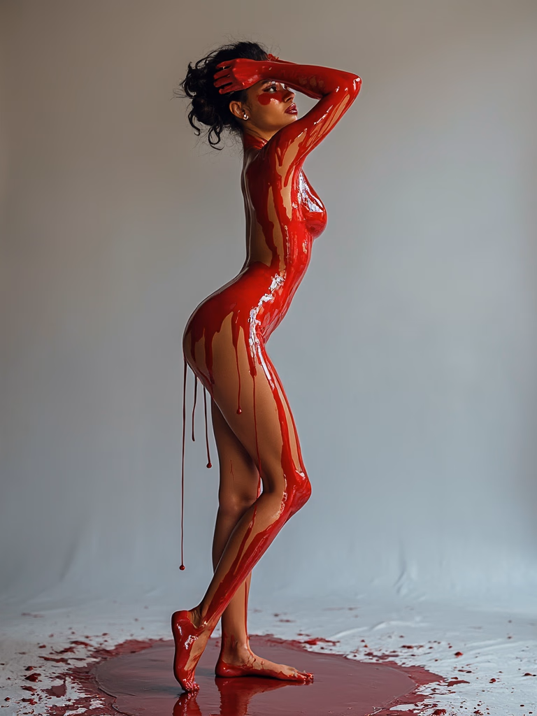 A dramatic, high-contrast studio portrait of a woman standing in elegant side profile. Her body is artfully coated in vivid, glossy red body paint that drips down her form, catching the soft, diffused light in the minimalistic studio. Her pose is expressive and sculptural — one arm raised above her head, the other curved with grace, highlighting the elegant lines of her silhouette. The background is neutral, focusing all attention on the interplay between light, paint, and form. The floor beneath reflects the gloss of the paint, creating a painterly atmosphere. The mood is bold, artistic, and contemporary, emphasizing texture, form, and vibrant contrast.