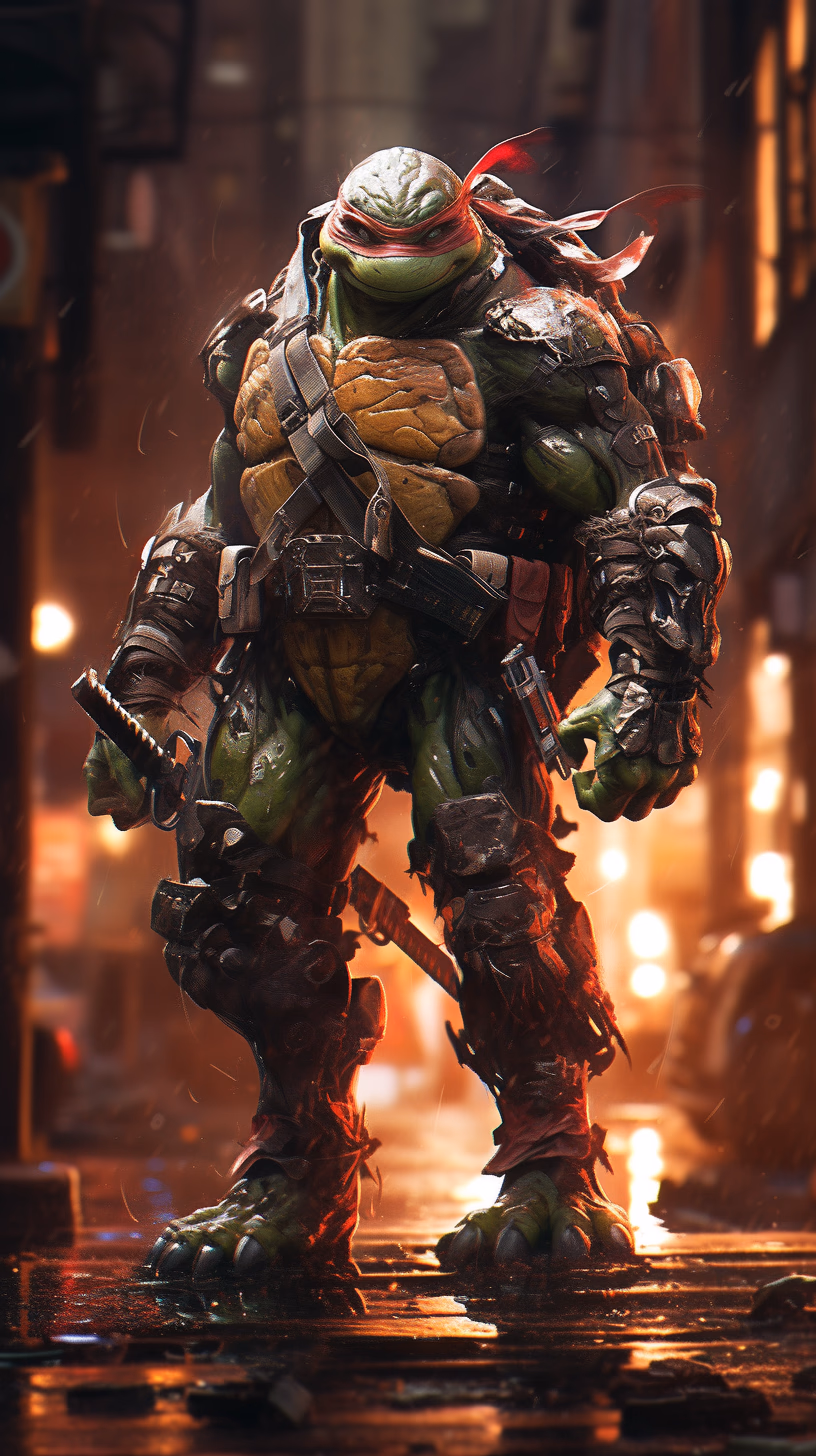 Rafael from Teenage Mutant Ninja Turtles, professional portrait, hyper realistic, ultra detailed photograph, captured with a 85mm lens, f4. 6, bokeh, ultra detailed, ultra accurate detailed, bokeh lighting, surrealism, urban settin, ultra unreal engine, intricate, life-size figures, catcore