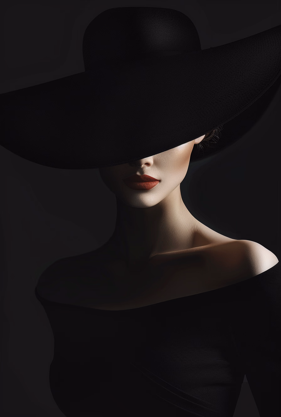 a woman in a black dress is wearing a big hat to the right, in the style of clever use of negative space, i can't believe how beautiful this is, light & shadow, crisp lines and forms, dark and intricate --ar 29:43 --v 6.0
