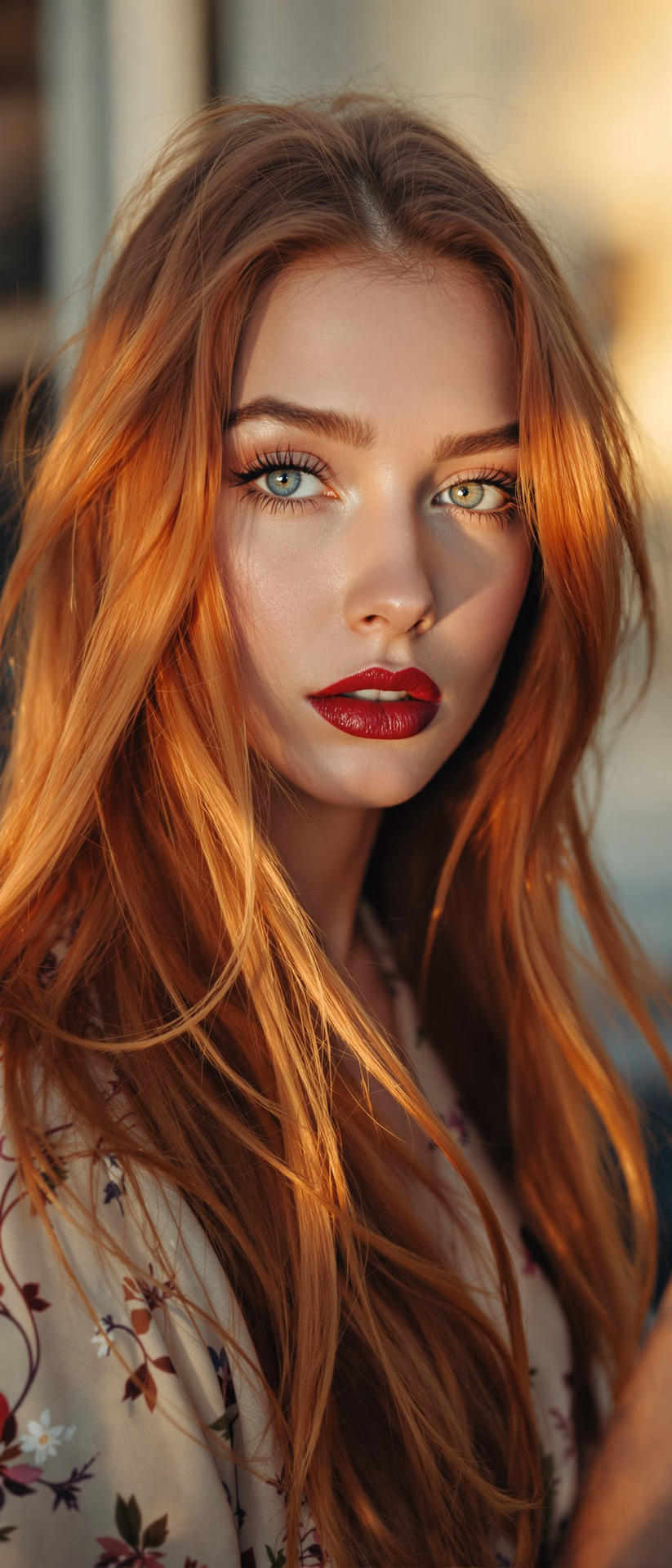"Vertical full-body portrait photo of a stylish supermodel, early 20's, fair skin, long auburn hair. Warm golden hour lighting, dramatic style, soft pastel colours, blurred background. Expressive, detailed vibrant blue eyes are in sharp focus. Smooth detailed skin, well-defined nose and cheekbones, full burgundy lips. Soft contrast and saturation."