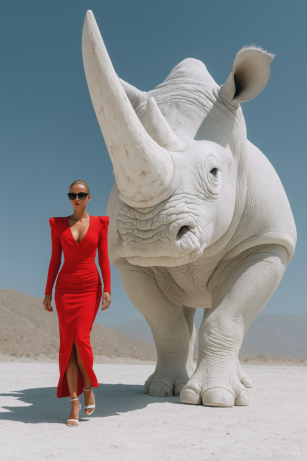 {
  "scene": {
    "type": "editorial fashion surrealism",
    "location": "barren white desert with distant mountains",
    "environment": {
      "terrain": "flat, dry, light-toned desert floor",
      "sky": "clear, soft teal-blue",
      "mood": "dramatic, high-fashion"
    },
    "subjects": [
      {
        "type": "female model",
        "appearance": {
          "pose": "confident stride forward",
          "expression": "neutral, composed",
          "hair": "pulled back tightly",
          "accessories": "black sunglasses, silver high-heeled sandals"
        },
        "attire": {
          "dress": "vibrant red, long sleeve, form-fitting, with a deep V neckline and slit",
          "style": "glamorous, structured shoulders"
        },
        "position": "left foreground, walking beside rhino"
      },
      {
        "type": "rhinoceros",
        "appearance": {
          "color": "entirely white, chalky texture",
          "size": "massive, exaggerated proportions",
          "details": "realistic wrinkles and horn texture"
        },
        "pose": "walking, head low, facing camera",
        "position": "right foreground, slightly behind model"
      }
    ]
  },
  "visual_style": {
    "genre": "fashion surrealism",
    "color_palette": ["white", "red", "sky blue", "grey"],
    "contrast": "extreme — red dress against all-white rhino and terrain",
    "lighting": "bright, clear daylight",
    "mood": "fierce, cinematic, avant-garde"
  },
  "composition": {
    "framing": "vertical portrait, symmetrical weight between model and rhino",
    "focus": "sharp detail on both subjects",
    "depth": "slight haze in the mountains, crystal clarity in foreground"
  },
  "theme": {
    "concept": "power, elegance, and wild beauty",
    "message": "the balance of dominance and grace"
  }
}