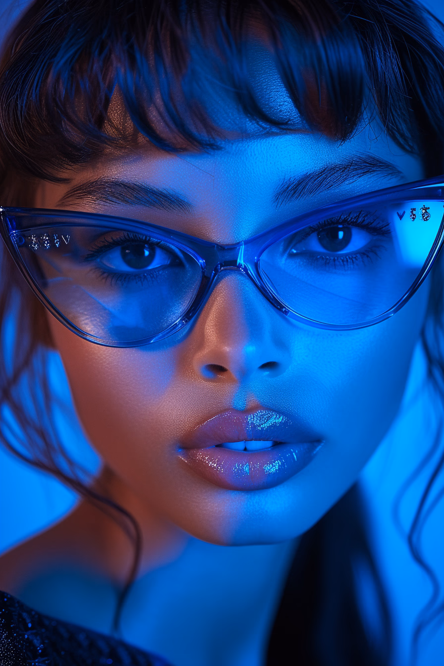 Fashion shoot, Jacquemus and Moncler collaboration: dark blue translucent futuristic sunglasses, hyper-realistic, detailed 8k, realistic --ar 2:3 --stylize 750 --v 6