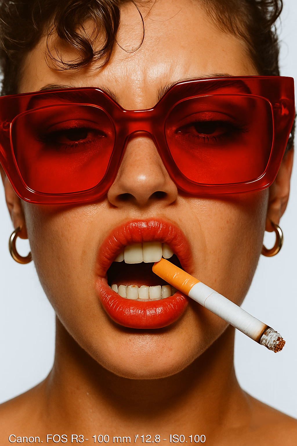 {
  "subject": {
    "gender": "female",
    "pose": "extreme close-up of face, lips parted biting cigarette",
    "expression": "intense, sultry with a subtle snarl",
    "accessories": [
      "oversized red translucent sunglasses",
      "gold hoop earrings",
      "cigarette between teeth"
    ],
    "makeup": {
      "lips": "glossy red lipstick",
      "eyes": "partially visible with eyeliner under tinted glasses",
      "skin": "natural with freckles and slight sheen"
    },
    "hair": {
      "style": "curly strands partially falling on forehead",
      "color": "brown"
    }
  },
  "camera": {
    "brand": "Canon",
    "model": "EOS R5",
    "lens": "100mm f/2.8 macro",
    "sensor": "Full Frame",
    "settings": {
      "shutter_speed": "1/200",
      "f_stop": "f/8",
      "iso": "100"
    }
  },
  "lighting": {
    "type": "studio flash",
    "setup": "beauty dish centered above lens",
    "mood": "bright, high contrast",
    "background": "plain white"
  },
  "style": {
    "aesthetic": ["Y2K editorial", "bold glam", "pop surrealism"],
    "color_grading": "strong reds with high saturation and contrast",
    "vibe": "retro rebellious fashion"
  },
  "post_processing": {
    "retouching": "skin texture preserved, highlights emphasized on lips and glasses",
    "effects": "slight vignette, clarity enhanced"
  },
  "output_format": "portrait"
}