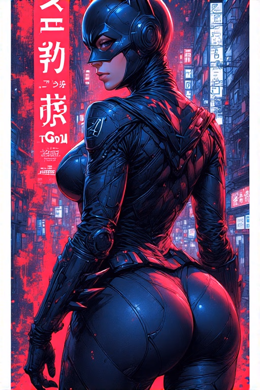 Large white border all round. Overlay Japanese type. A poster with of batgirl in tokyo, cyberpunk art by Maciej Kuciara, cgsociety, deconstructivism, darksynth, behance hd, dystopian art. 