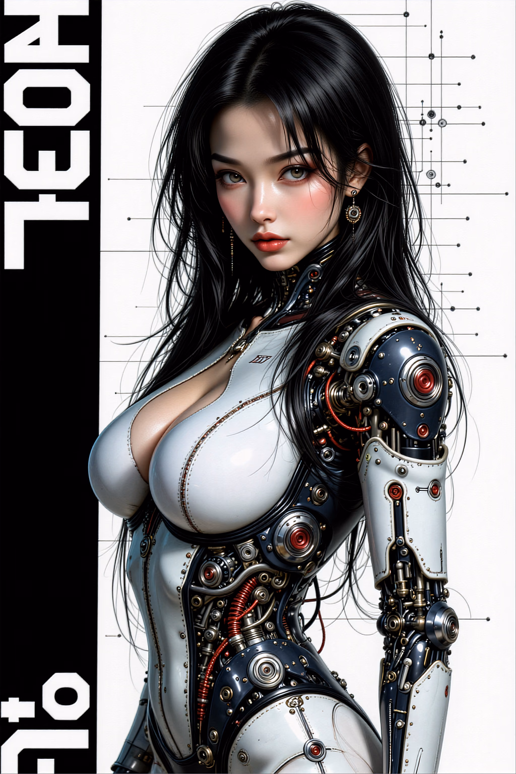 Ultra-detailed cinematic portrait of a Hong Kong female cyborg , navy and white metallic limbs parti...
