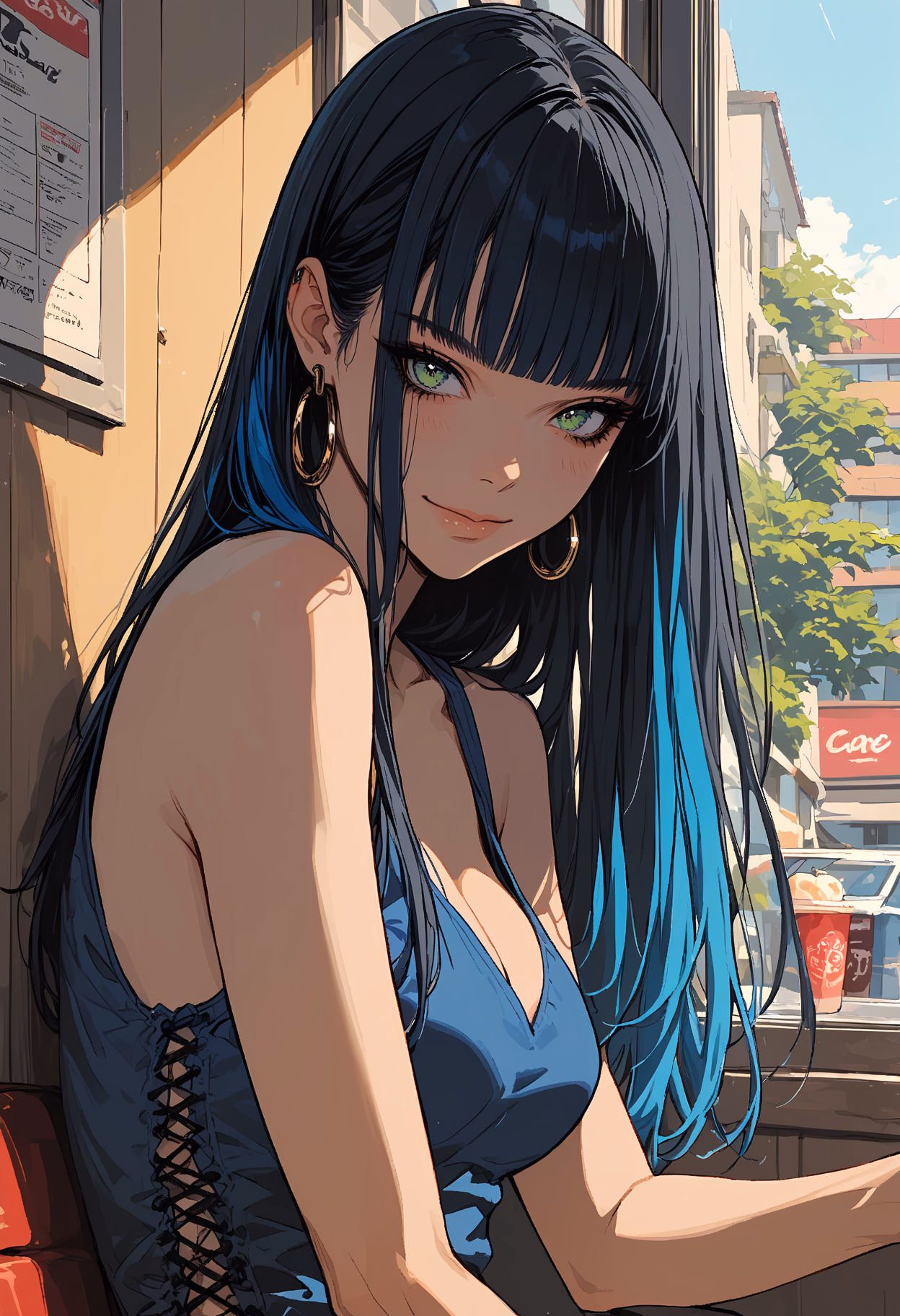 score_9, score_8_up, score_7_up,source_anime,1girl,solo,two tone hair,black hair,blue hair,long hair,blunt bangs,emerald eyes,perfecteyes,eyebrows,hair behind ear,blue tank top,sleeveless,bare shoulders,cleavage,intricate details,medium breasts,indoors,cafe,window,against the wall,leaning on wall,jewelry,hoop earrings,looking at viewer,sinozick,flat colors,smile,closed mouth
