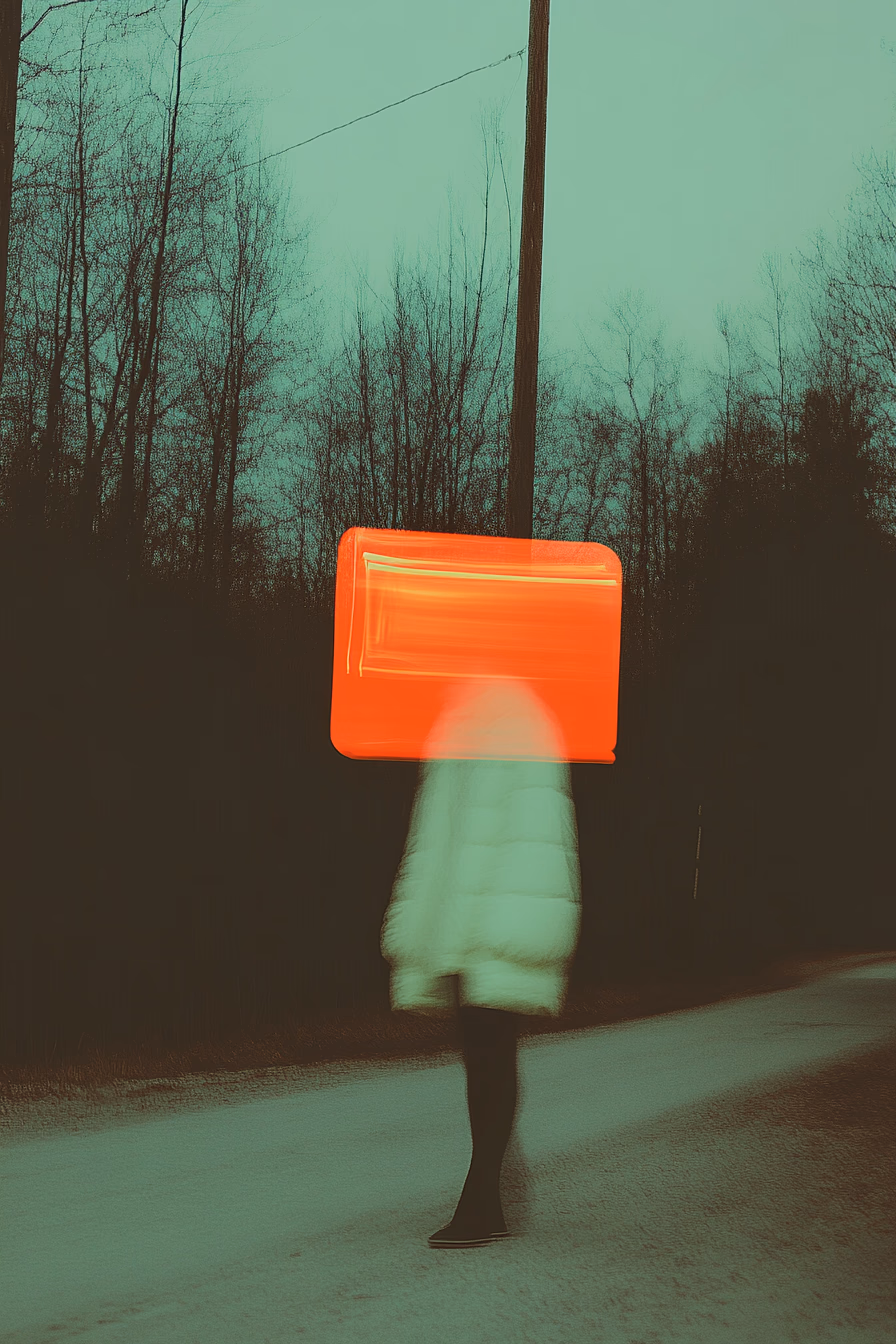 blurry image of snowy winter puffer jacket fashion, at night, surreal sky filled of change and wind dominated by shades of red and blue, with Realistic looking butterflies emitting a soft glow in a dark forest, in the style of minimalist beauty, androgynous, light black, cold palette, cosmopolitan energy, serene faces, loose and fluid, ethereal abstractions --chaos 15 --ar 2:3 --profile g9mew5f --stylize 1000 --v 6.1