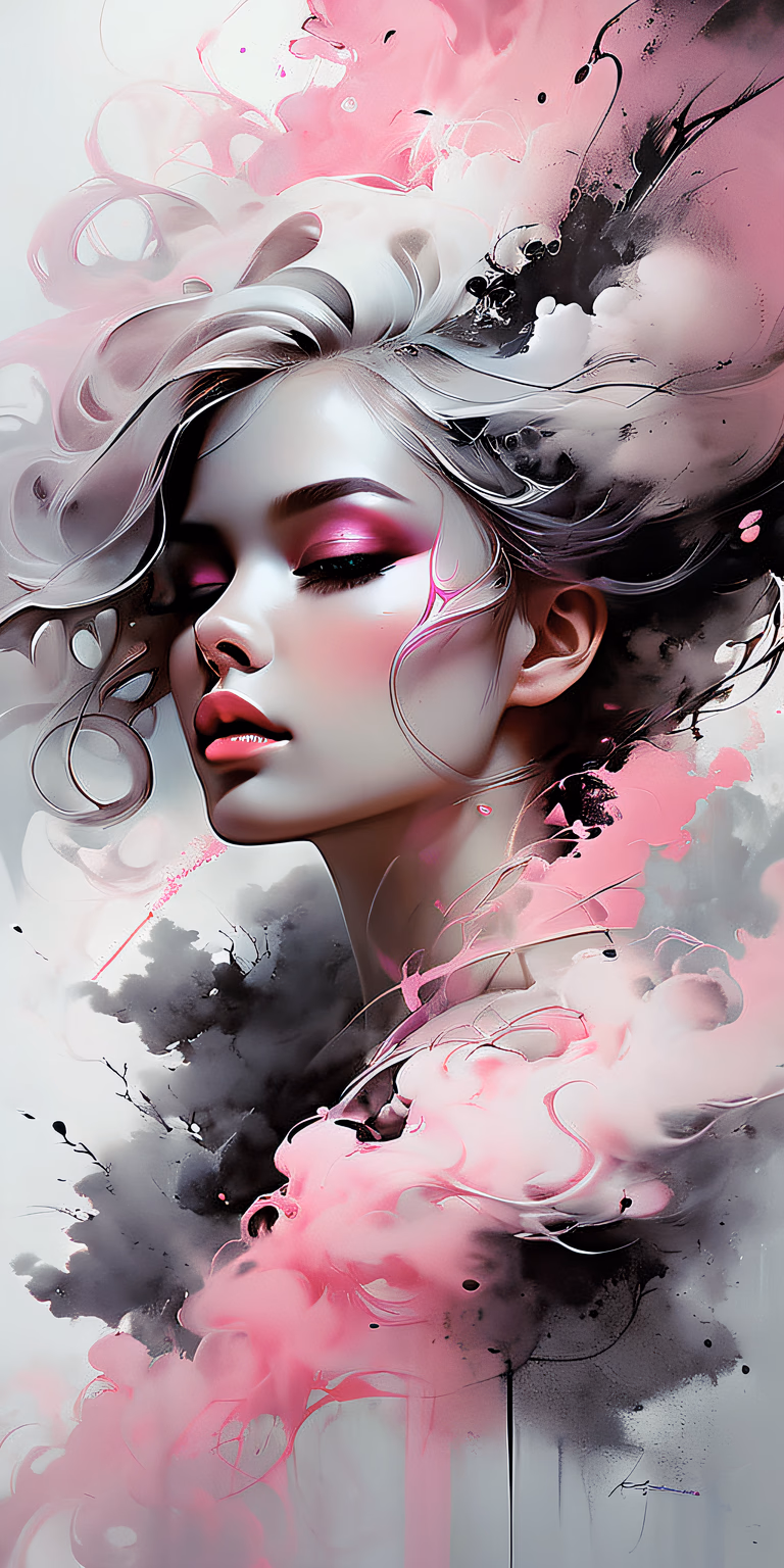 portrait of a woman covered in cloud of smoke, whirlwind, pink highlight colors, pink make-up, hints of pastel, misty, seductive, sultry, breathtaking, oil painting style, artistic, aesthetic modern art, hyper-realism