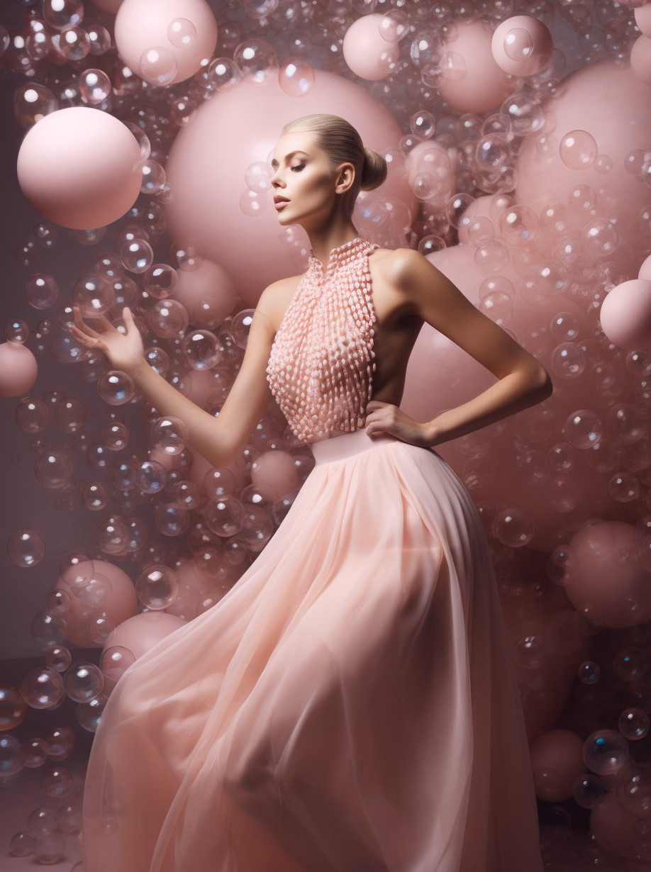 fashion editorial photo of a model with a lot of bubbles in light pink evening dress poses in photostudio with many bubbles --q 2 --v 5 --ar 3:4