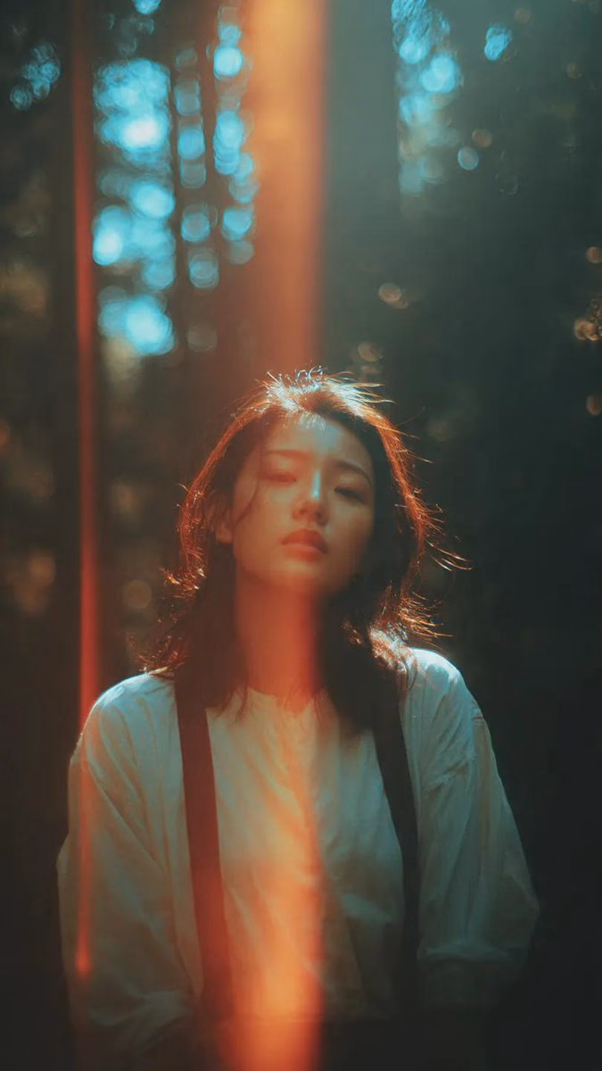 A cinematic portrait of an Asian woman standing in a quiet forest, captured in a spontaneous moment ...