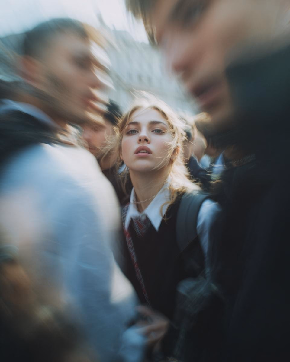 Paparazzi-style extreme close-up photo of a woman with striking facial features, caught off-guard while turning toward the camera. Face and shoulders only, shot from a low angle. Strong harsh on-camera flash, grainy high-ISO, raw candid street-photography feel. Background shows a crowded scene with motion blur (Paris Fashion Week atmosphere). Intense, spontaneous energy, imperfect and real. She is wearing a school uniform. Ultra-realistic, cinematic realism, high detail skin texture, slight lens distortion.

Camera style: “35mm paparazzi lens, f/2.8, flash blown highlights”
Look: “2000s tabloid photo aesthetic”
Quality: “sharp focus on face, background heavily blurred and streaked”