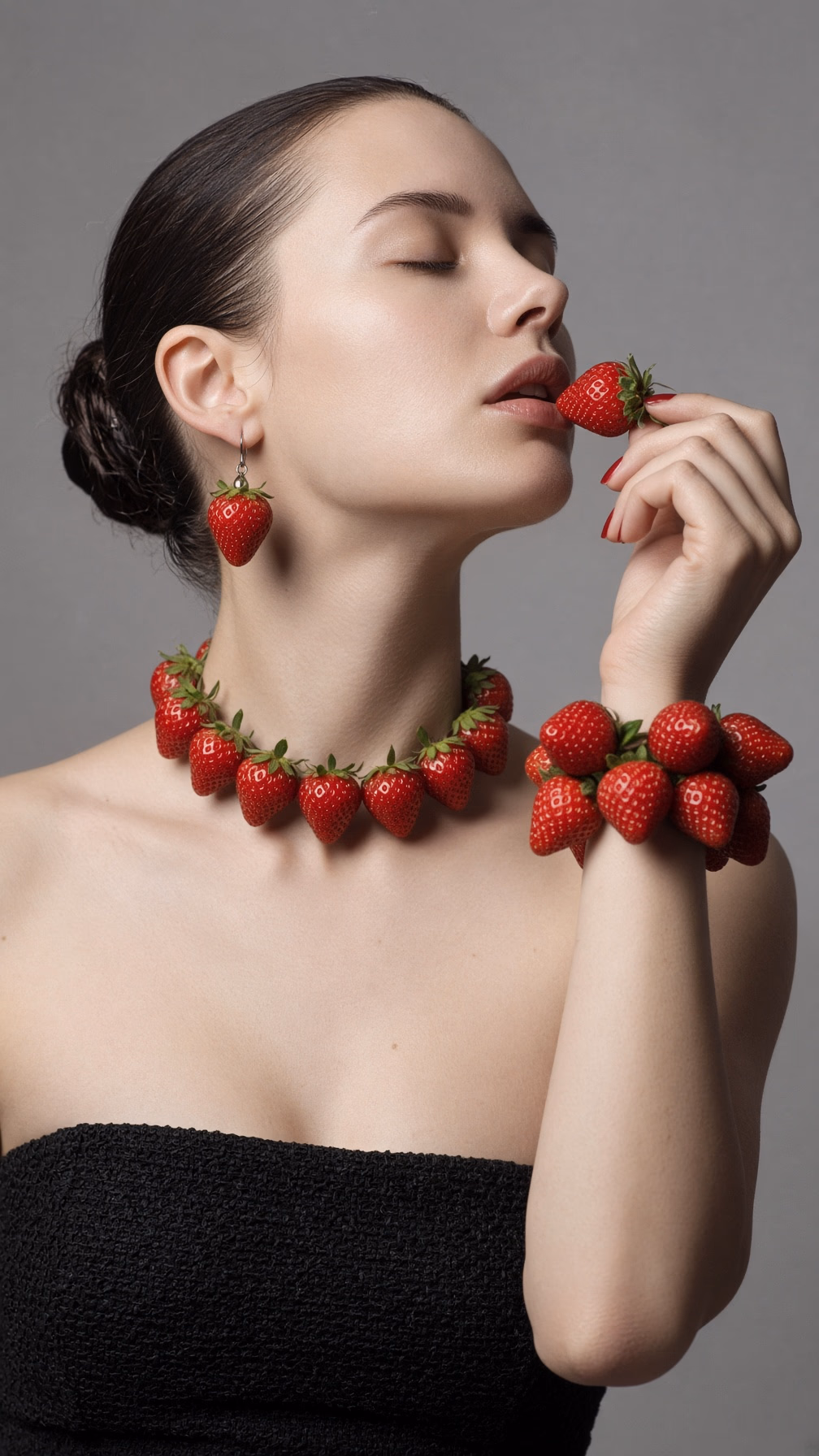 Ultra-realistic high-fashion photography of a beautiful young woman with fair porcelain skin and dark hair pulled into a sleek low bun, captured in a sensual editorial pose. She tilts her head back with eyes closed and lips slightly parted, raising one arm so a thick bracelet of fresh ripe red strawberries rests near her mouth as if she is about to bite one. She wears a matching necklace of glossy whole strawberries with green tops strung tightly around her neck, and a single large strawberry earring dangling from her visible ear. Red polished fingernails. She is bare-shouldered in a black strapless textured top. Soft studio lighting with gentle shadows, smooth gray seamless background. Extremely detailed realistic skin texture with natural pores and subtle sheen, sharp focus on the face and strawberries, creamy shallow depth of field. Shot on a Canon EOS DSLR with an 85mm f/1.4 lens, professional fashion photography, ultra-photorealistic, 8k detail.