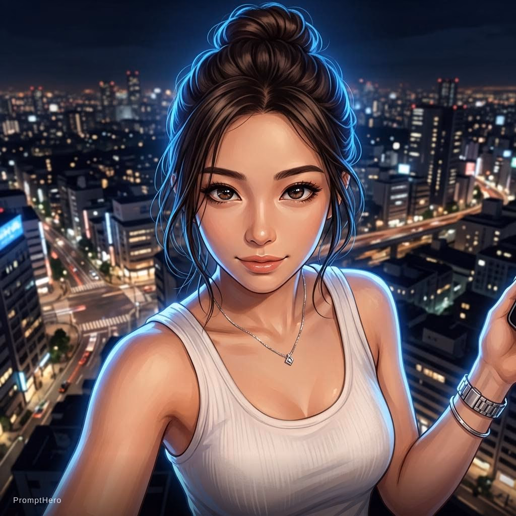 Semi-realistic digital illustration, highly detailed anime-inspired digital painting style, smooth soft skin shading with subtle highlights and cool blue rim lighting, glossy lips, sharp defined eyebrows, expressive detailed eyes with reflections, hair in a neat bun with loose strands, wearing a fitted white tank top, silver watch bracelet and delicate necklace with pendant, low-angle upward perspective looking up at the viewer, dramatic night outdoor