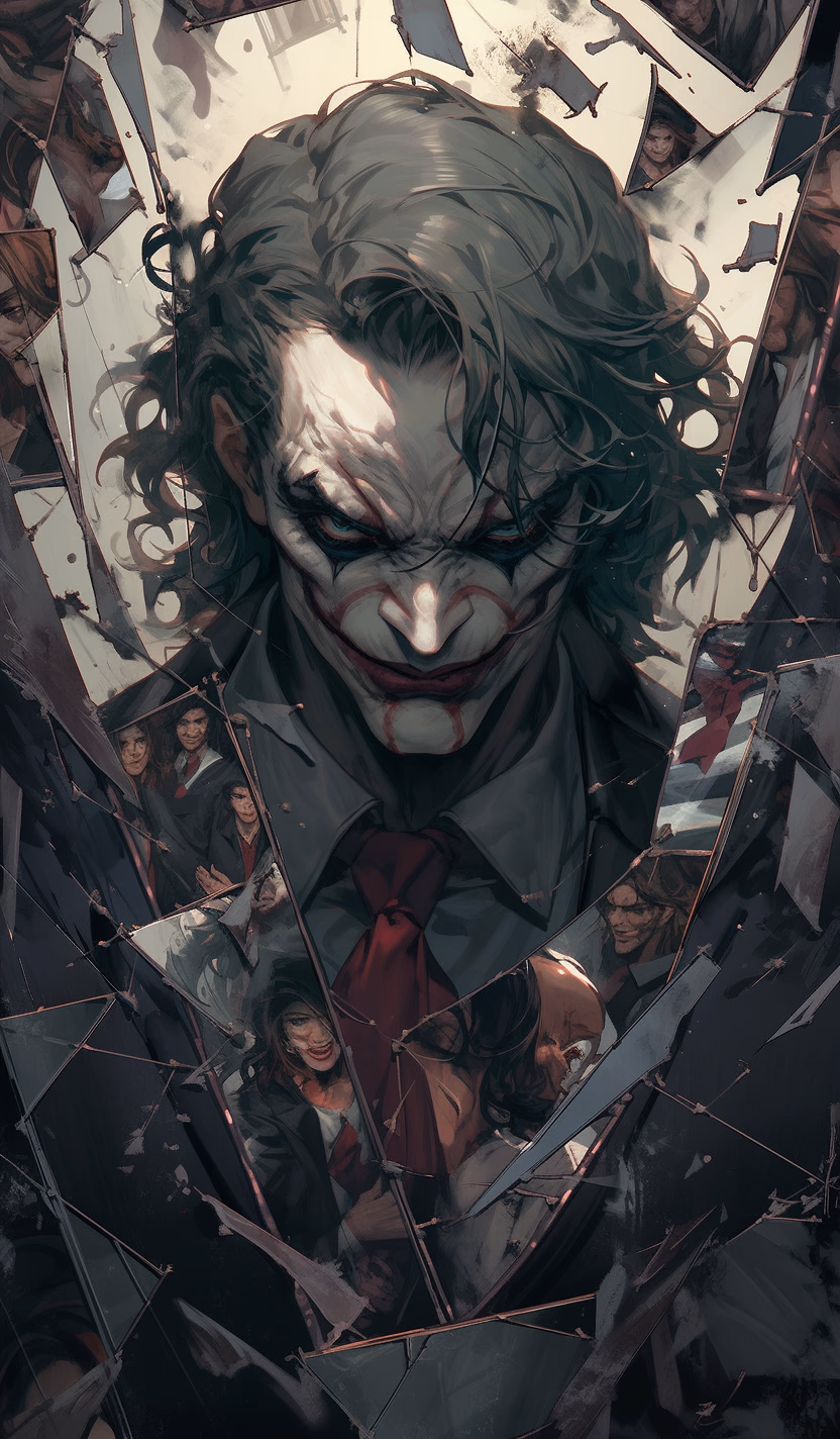 The Joker, a villain from the Batman film series, looks at himself in a broken mirror, in the style of Christopher Nolan, in dynamic, atmosphere of darkness and horror, dramatic light, highly detailed, packed with hidden details, hyper realistic, wallpaper portraits, colorful realism, realistic attention to detail, highly detailed,colorful realism, UHD, 8K