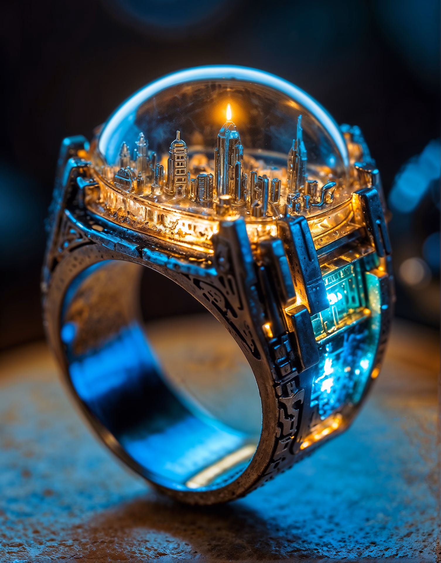 By Alexander Jansson and Android Jones || A HUGE beautiful intricate resin ring with sci-fi LEDs, made of computer chips, an intricate sci-fi city is inside of it, on a huge cyberpunk background, intricate, hyperdetailed, beautiful