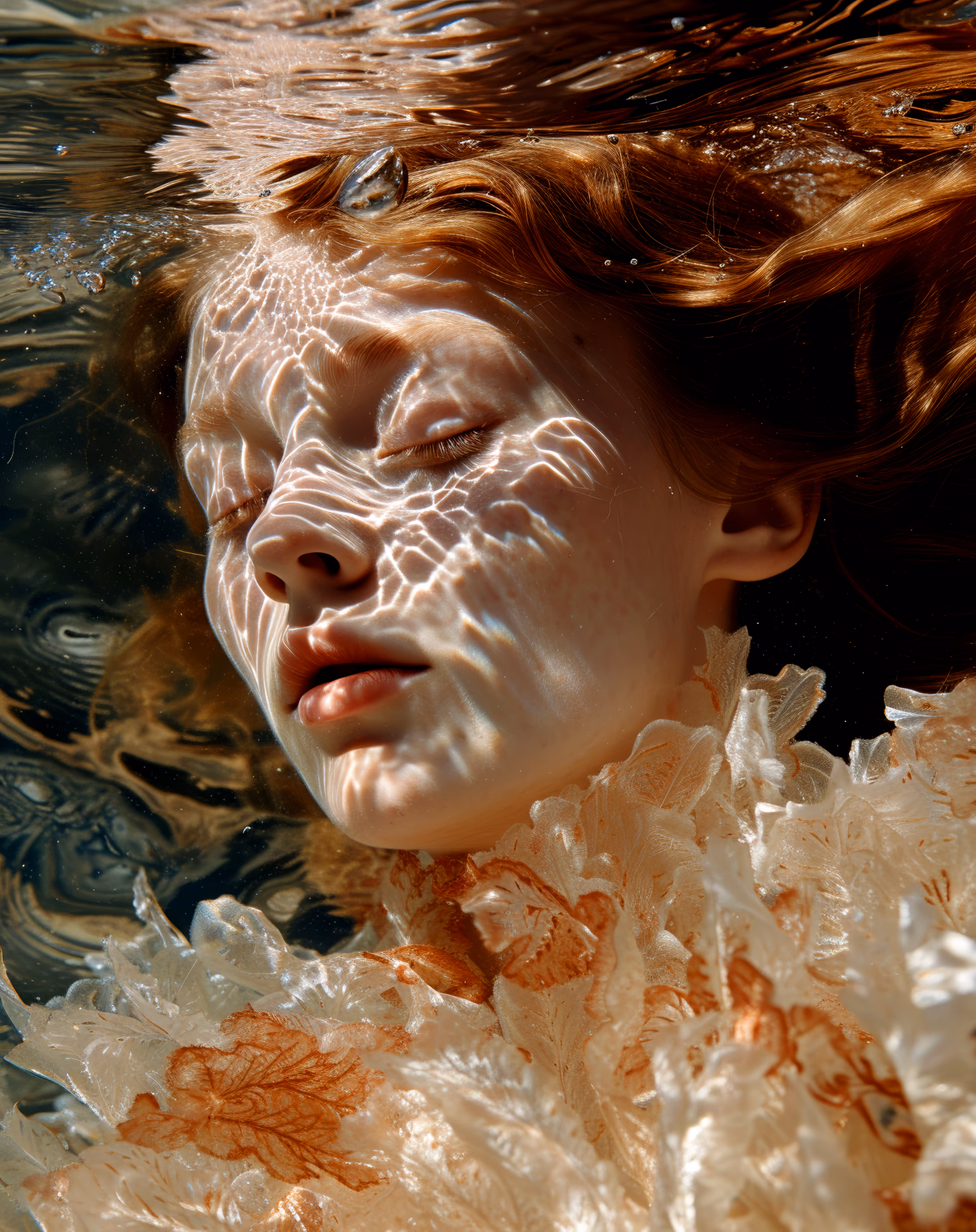 luzerne fashion x rays of light by sebastian rossetti, in the style of yigal ozeri, ursula von rydingsvard, calm waters, white woman, emek golan, terracotta, hyper-realistic water --ar 101:128 --v 6.0 --style raw