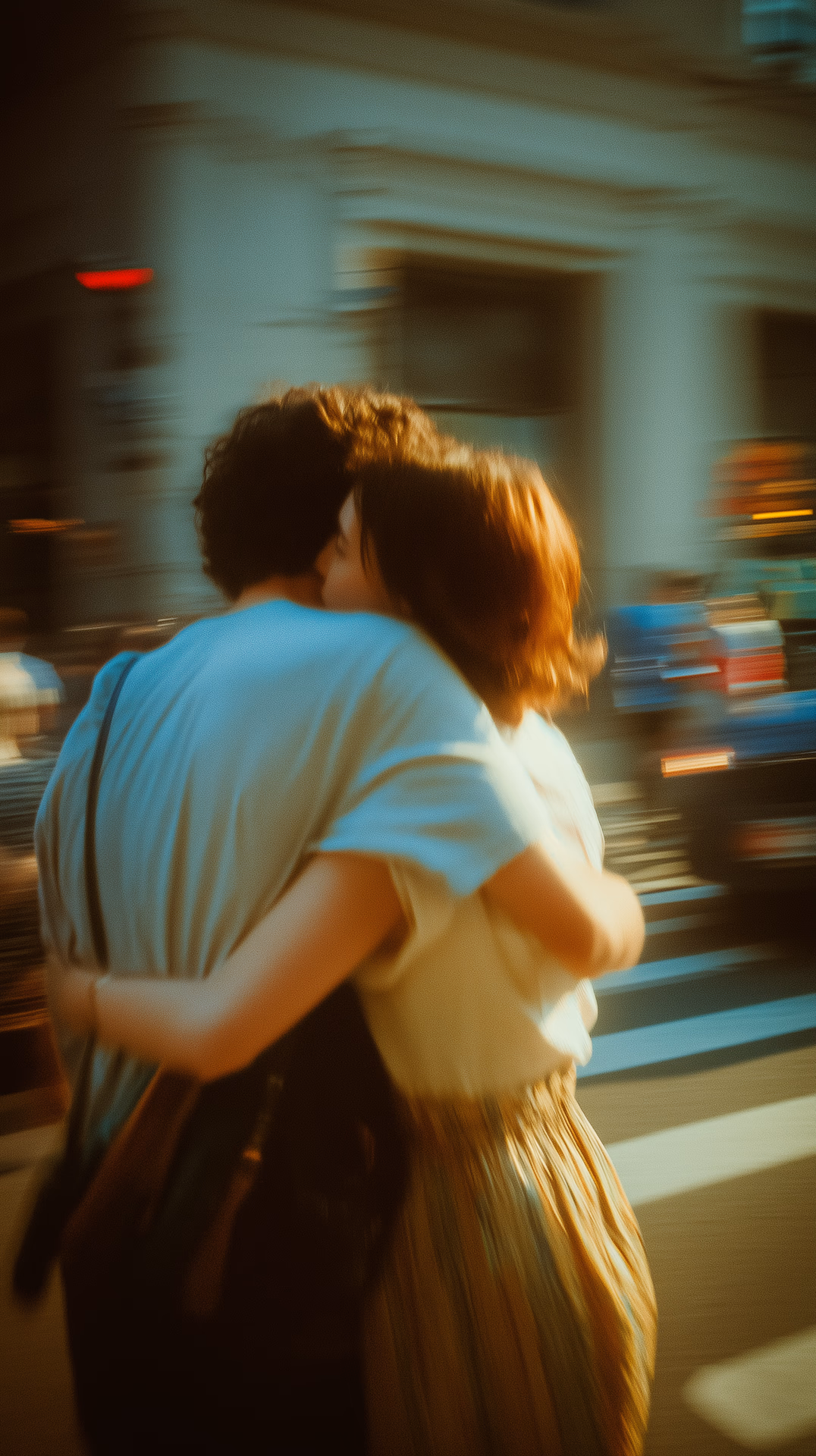 high resolution photography, candid shot, couple, hugging, at a complicated street, 35mm film, kodak...