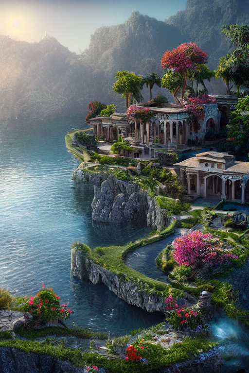 a big Persian Villa surrounded by water and nature, village, close view, volumetric lighting, photorealistic, insanely detailed and intricate, Fantasy, epic cinematic shot, trending on ArtStation, mountains, 8k ultra hd, magical, mystical, matte painting, bright sunny day, flowers, massive cliffs, Sweeper3D