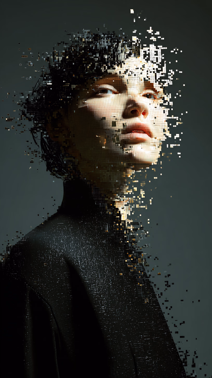 portrait of a woman, front shot, gaze, avant-garde styled, wearing a minimalist black wear, features an innovative digital effect, face and body appear as disintegrating into an array of floating, face is pixel gradation color mosaic expression, transition from a real to a digital, muted black backdrop, futuristic theme, photorealism, 16K, rich detail --ar 9:16 --raw