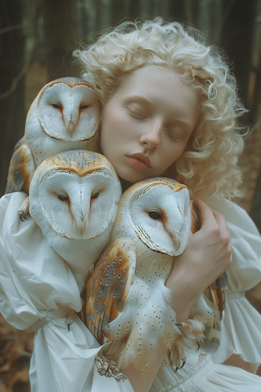 images of woman with her owls, in the style of ethereal beauty, porcelain, dark white and light azure, clifford coffin, northern renaissance, white and amber, wiccan --ar 2:3 --v 6.0